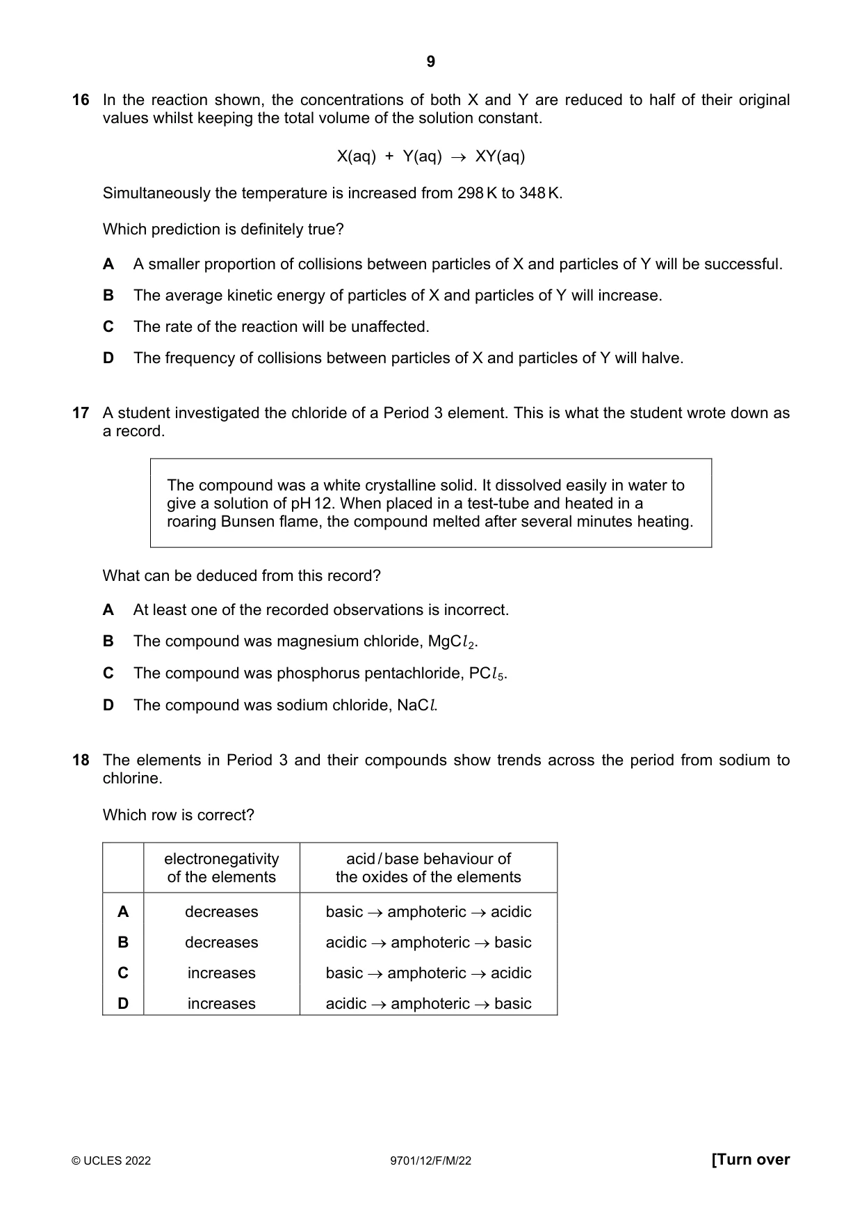 Cambridge A Level Chemistry 9701 2022 Feb/March Paper 1 · Variant 2 question paper, page 9 of 20