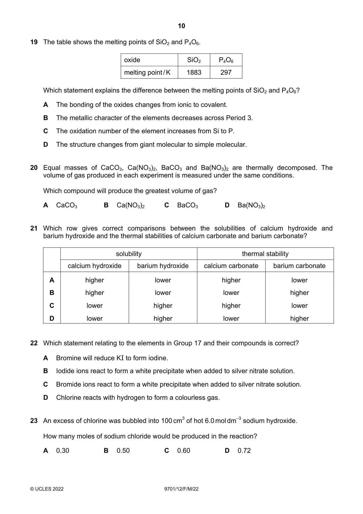 Cambridge A Level Chemistry 9701 2022 Feb/March Paper 1 · Variant 2 question paper, page 10 of 20