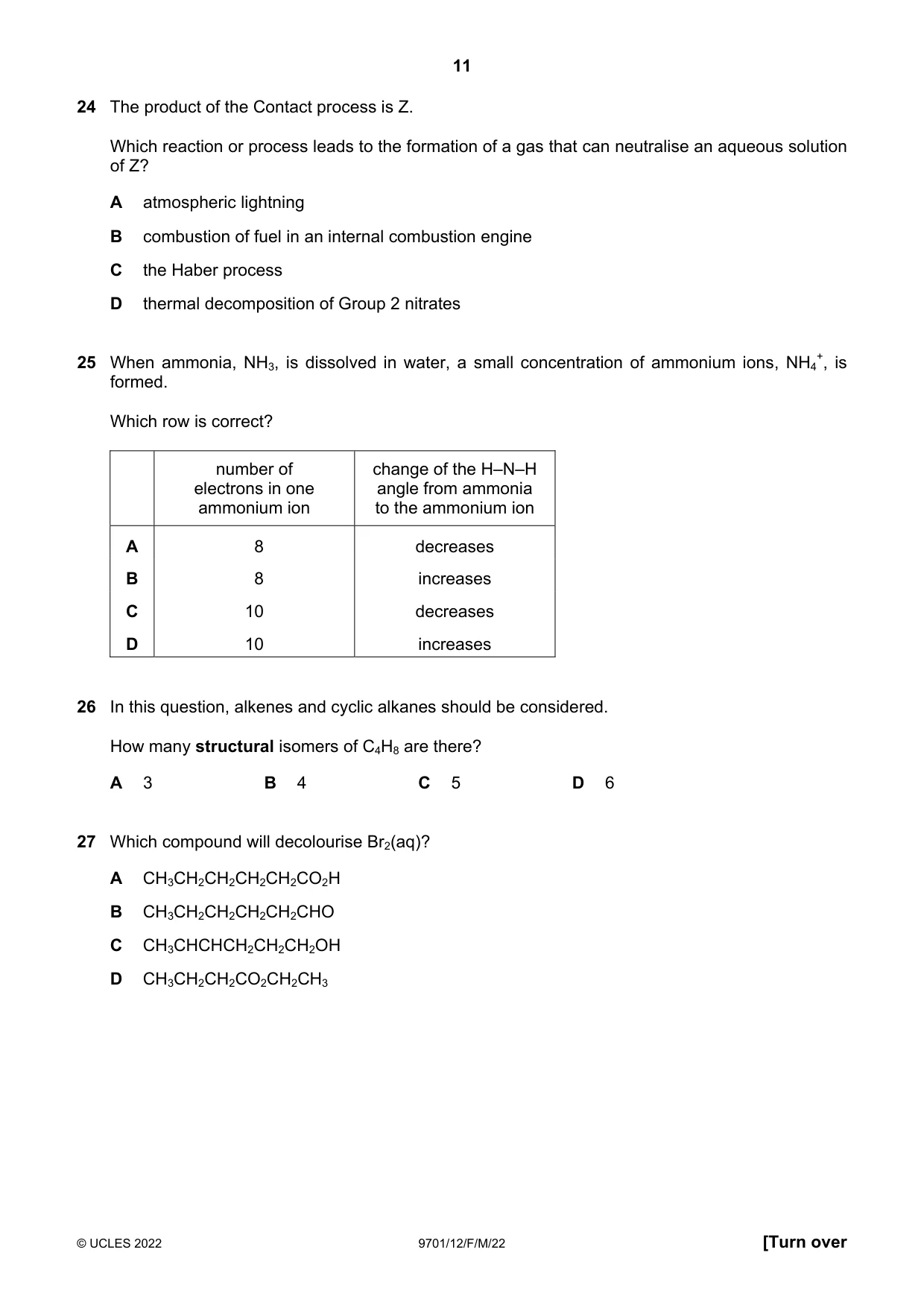 Cambridge A Level Chemistry 9701 2022 Feb/March Paper 1 · Variant 2 question paper, page 11 of 20