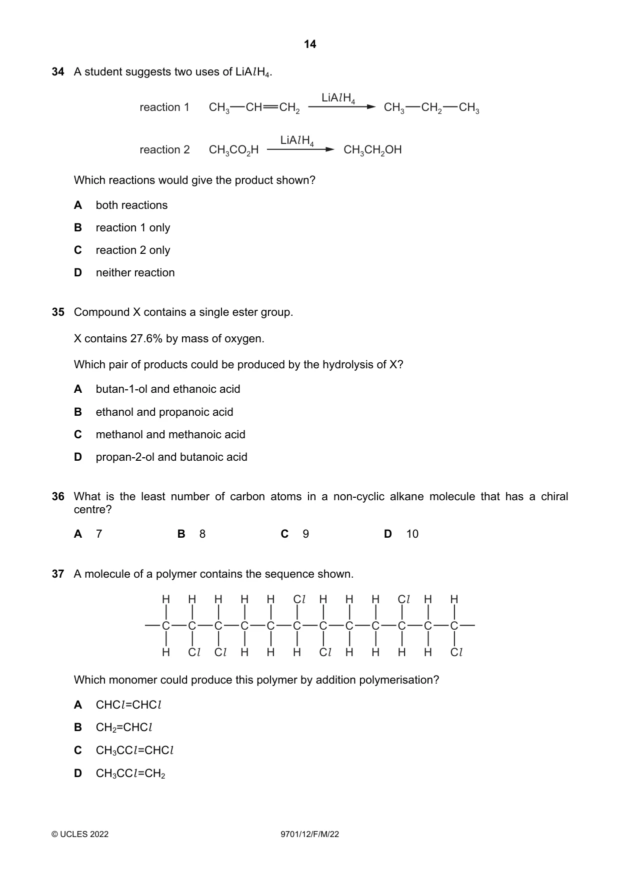 Cambridge A Level Chemistry 9701 2022 Feb/March Paper 1 · Variant 2 question paper, page 14 of 20