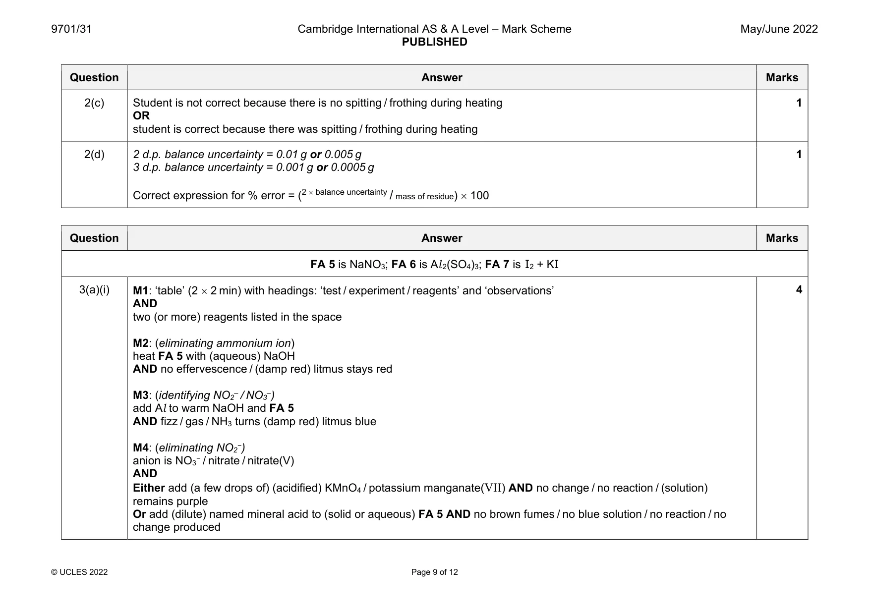 Mark scheme, page 9 of 12