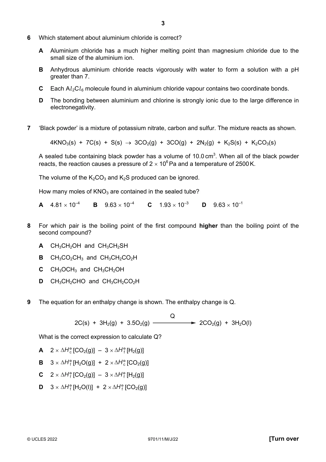 Cambridge A Level Chemistry 9701 2022 May/June Paper 1 · Variant 1 question paper, page 3 of 16