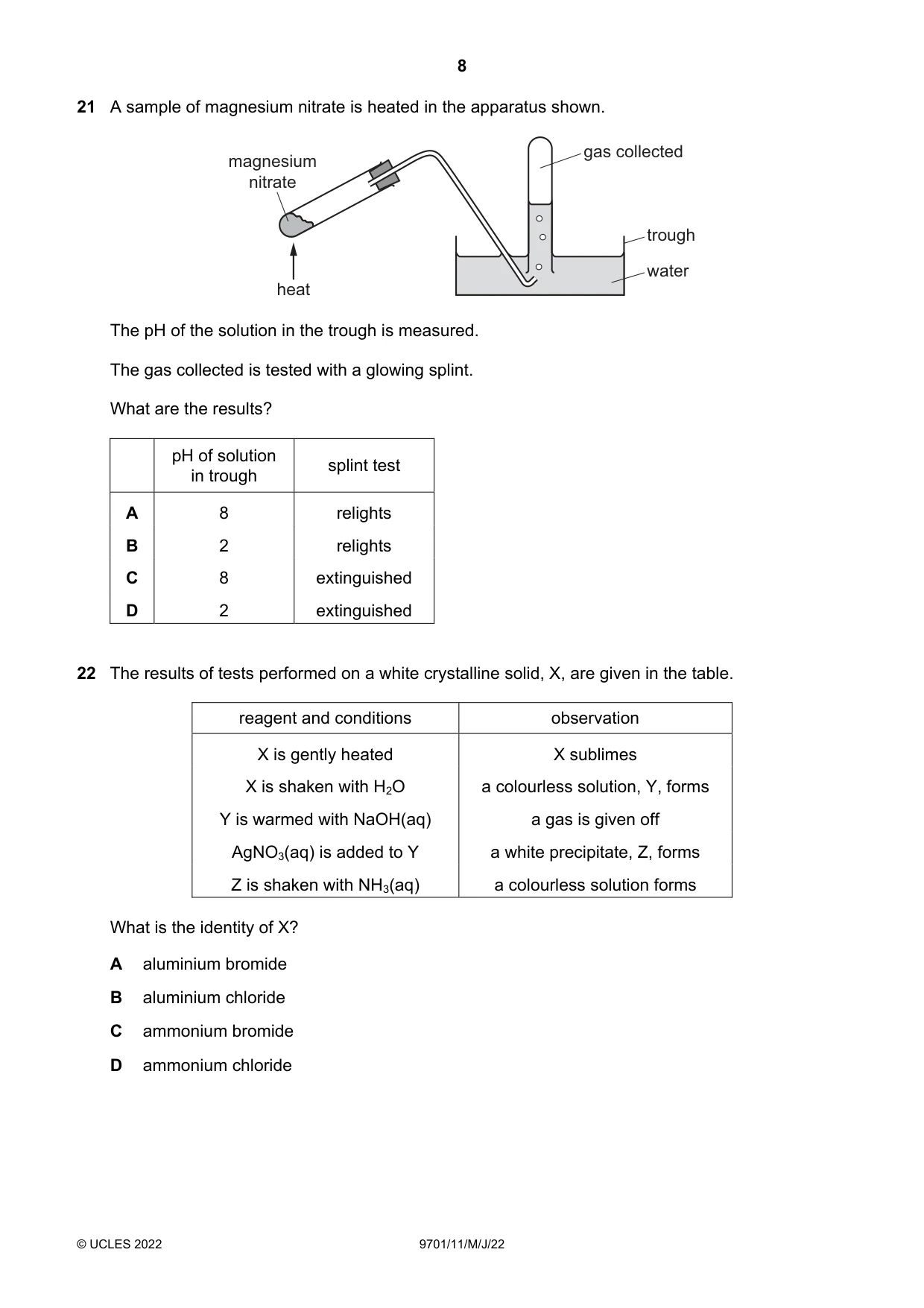 Cambridge A Level Chemistry 9701 2022 May/June Paper 1 · Variant 1 question paper, page 8 of 16