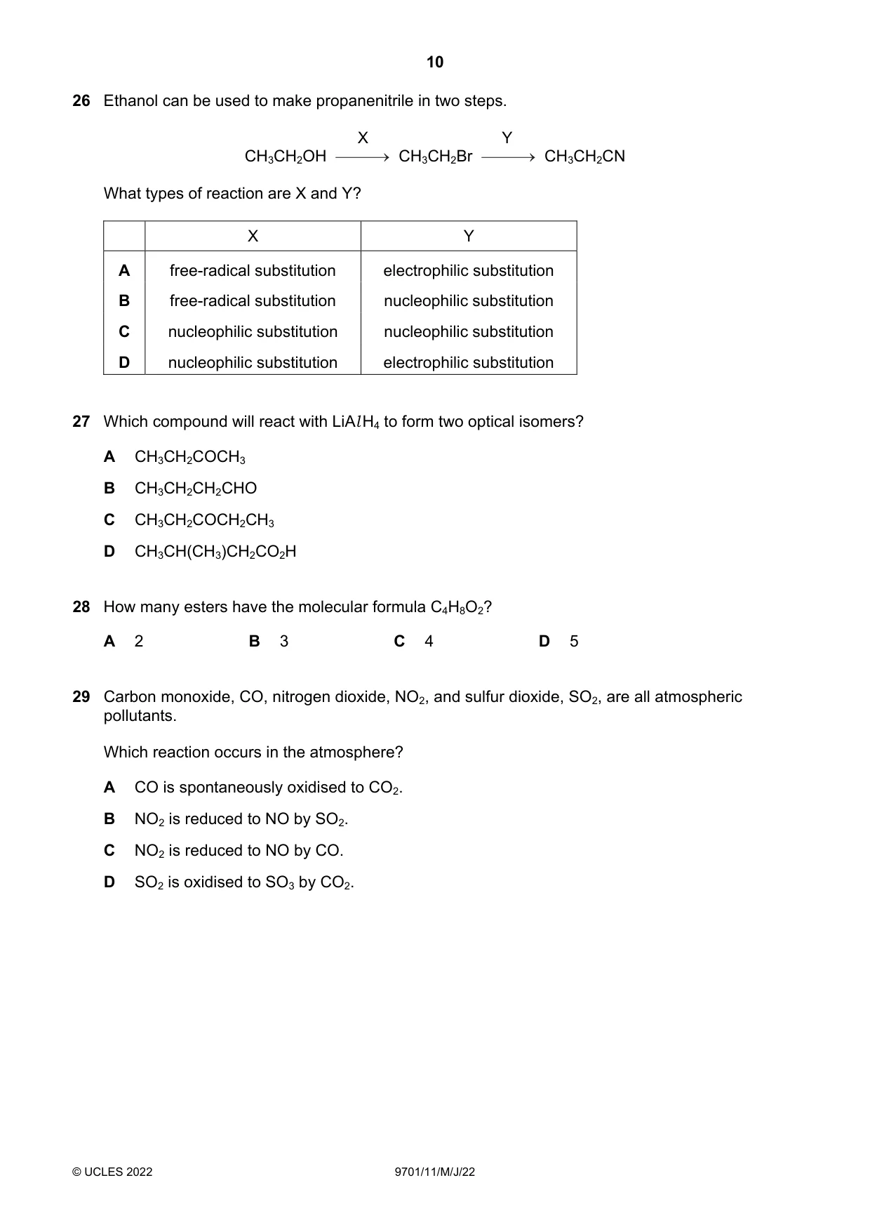 Cambridge A Level Chemistry 9701 2022 May/June Paper 1 · Variant 1 question paper, page 10 of 16