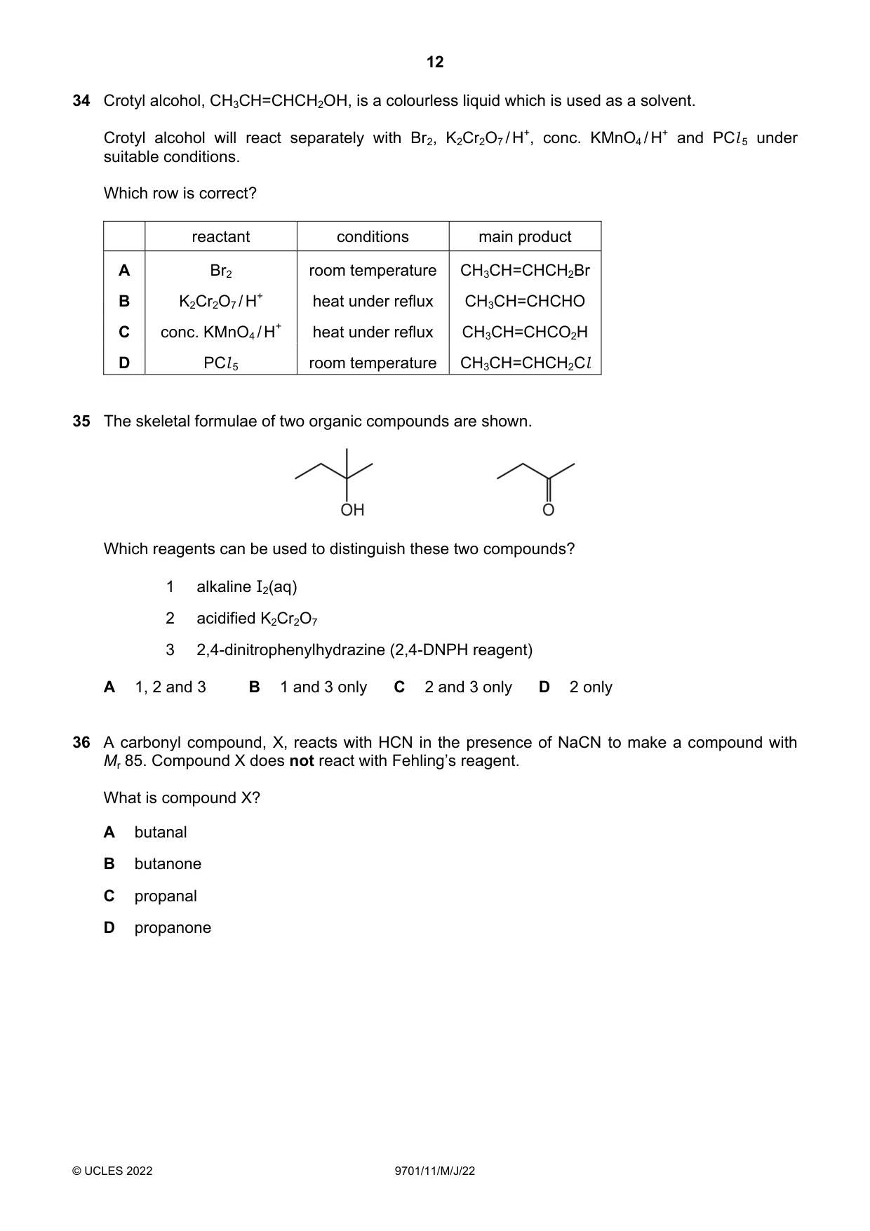 Cambridge A Level Chemistry 9701 2022 May/June Paper 1 · Variant 1 question paper, page 12 of 16