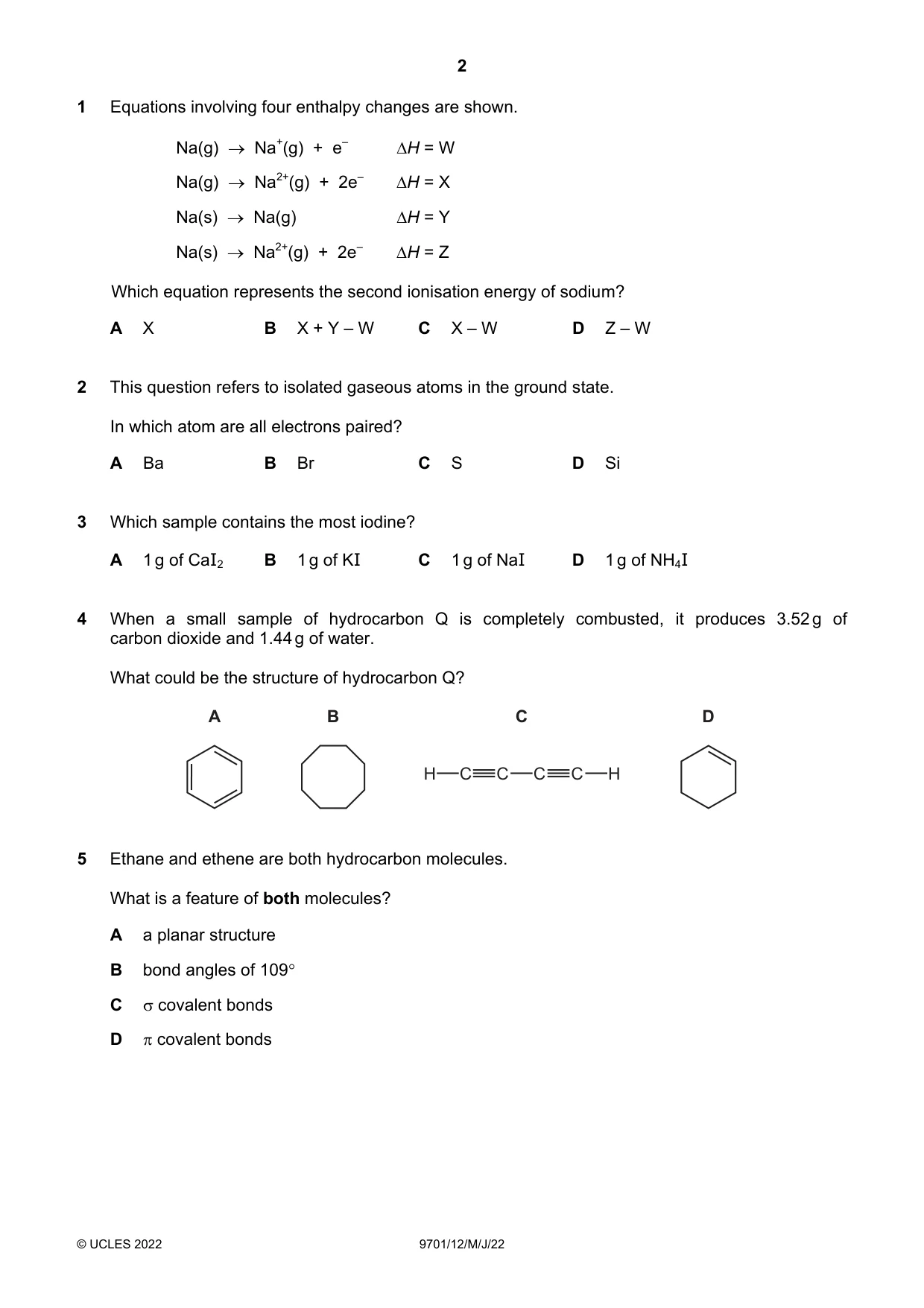Cambridge A Level Chemistry 9701 2022 May/June Paper 1 · Variant 2 question paper, page 2 of 20