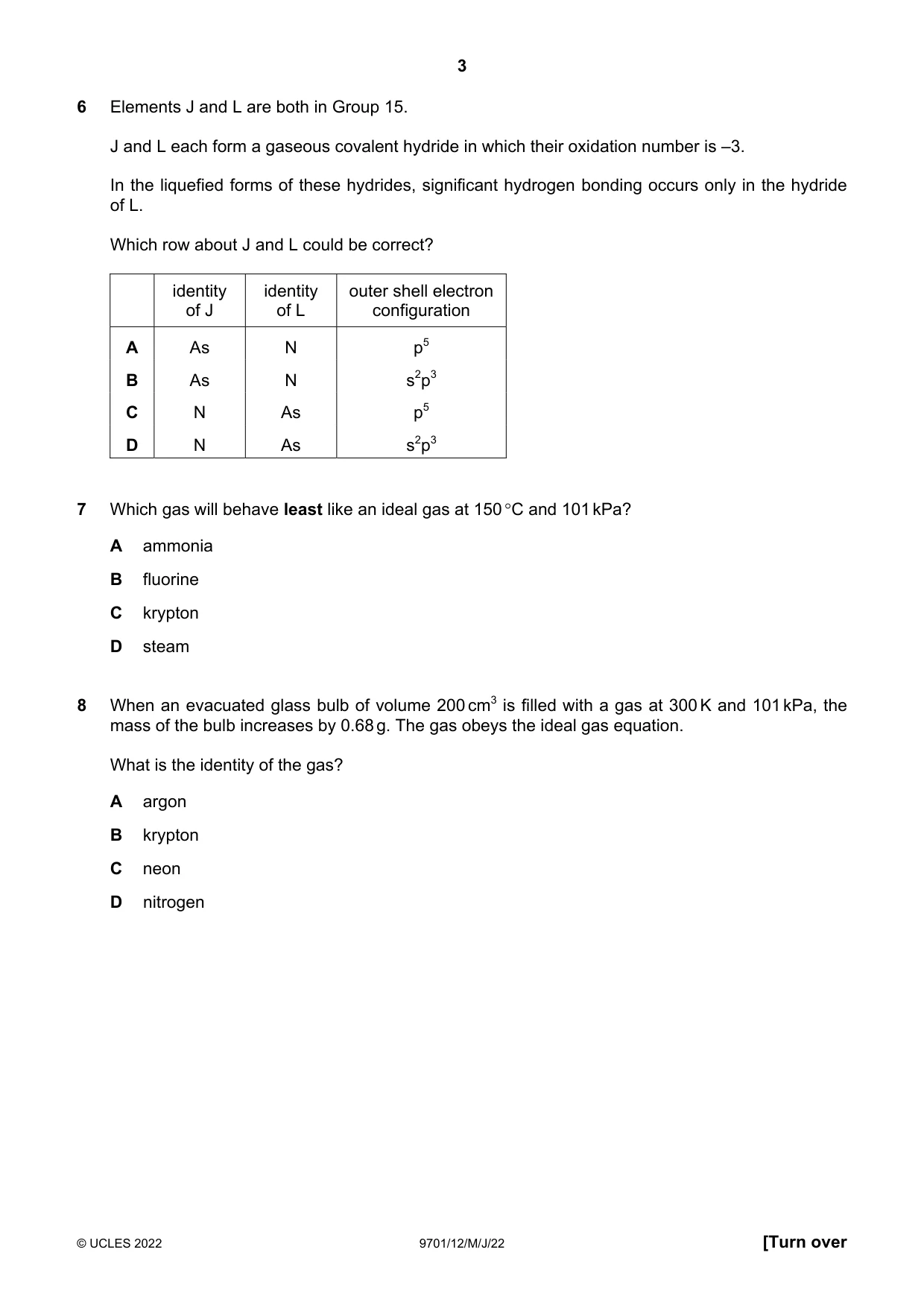 Cambridge A Level Chemistry 9701 2022 May/June Paper 1 · Variant 2 question paper, page 3 of 20