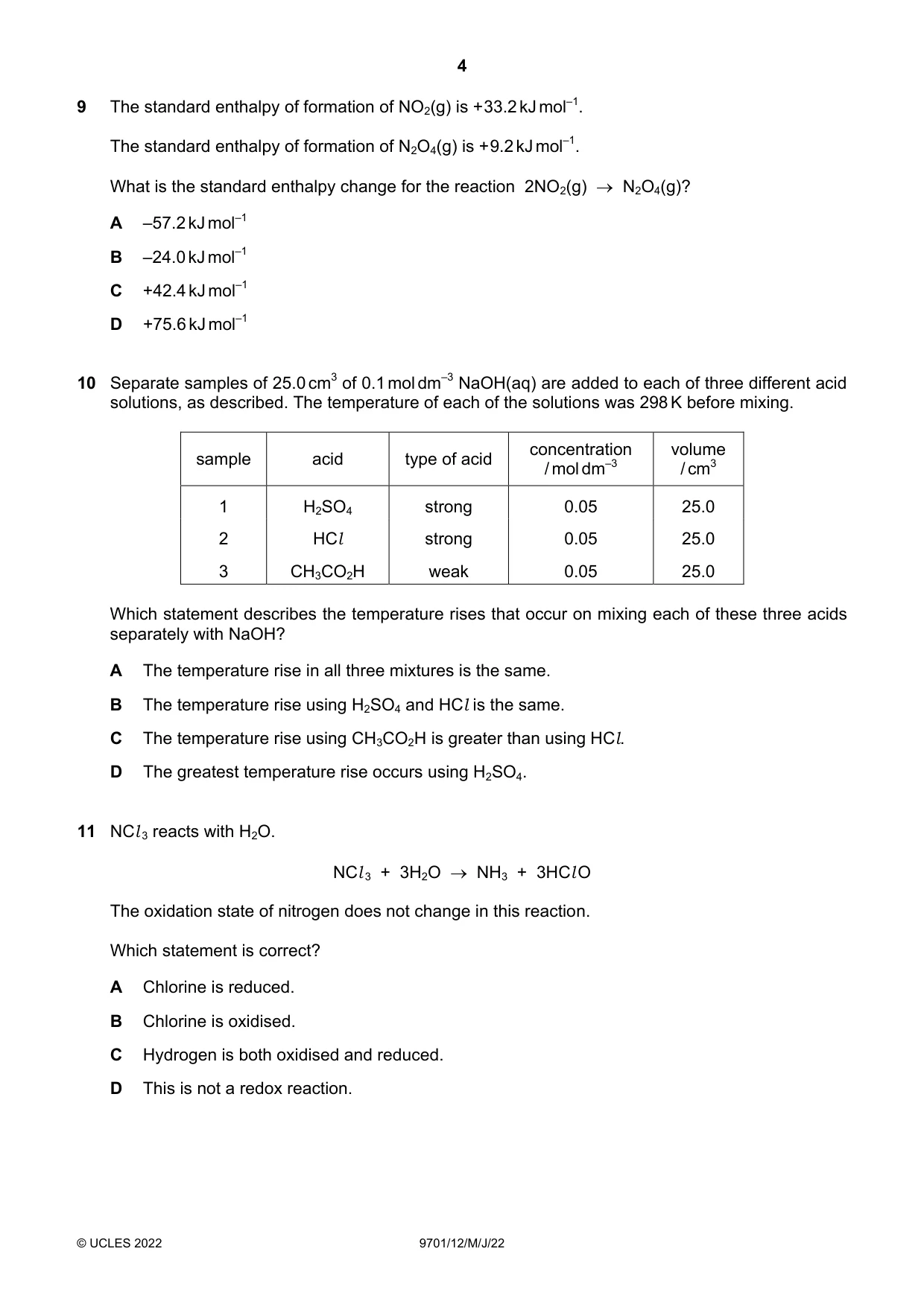 Cambridge A Level Chemistry 9701 2022 May/June Paper 1 · Variant 2 question paper, page 4 of 20