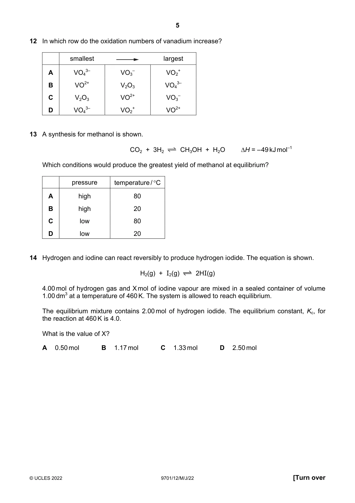 Cambridge A Level Chemistry 9701 2022 May/June Paper 1 · Variant 2 question paper, page 5 of 20