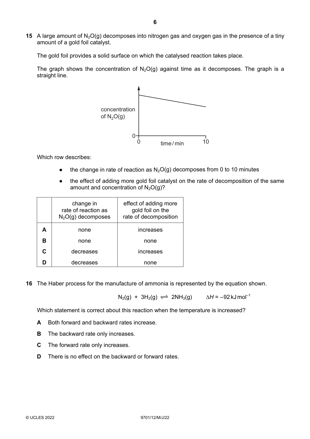 Cambridge A Level Chemistry 9701 2022 May/June Paper 1 · Variant 2 question paper, page 6 of 20