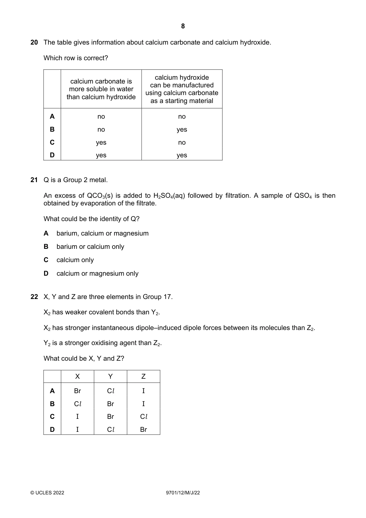 Cambridge A Level Chemistry 9701 2022 May/June Paper 1 · Variant 2 question paper, page 8 of 20