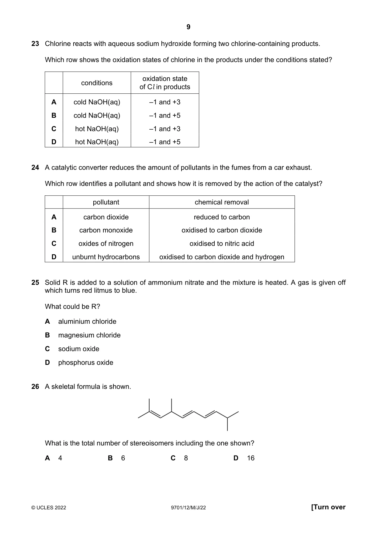 Cambridge A Level Chemistry 9701 2022 May/June Paper 1 · Variant 2 question paper, page 9 of 20