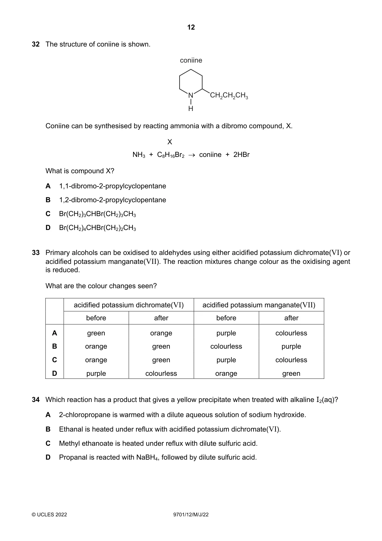 Cambridge A Level Chemistry 9701 2022 May/June Paper 1 · Variant 2 question paper, page 12 of 20