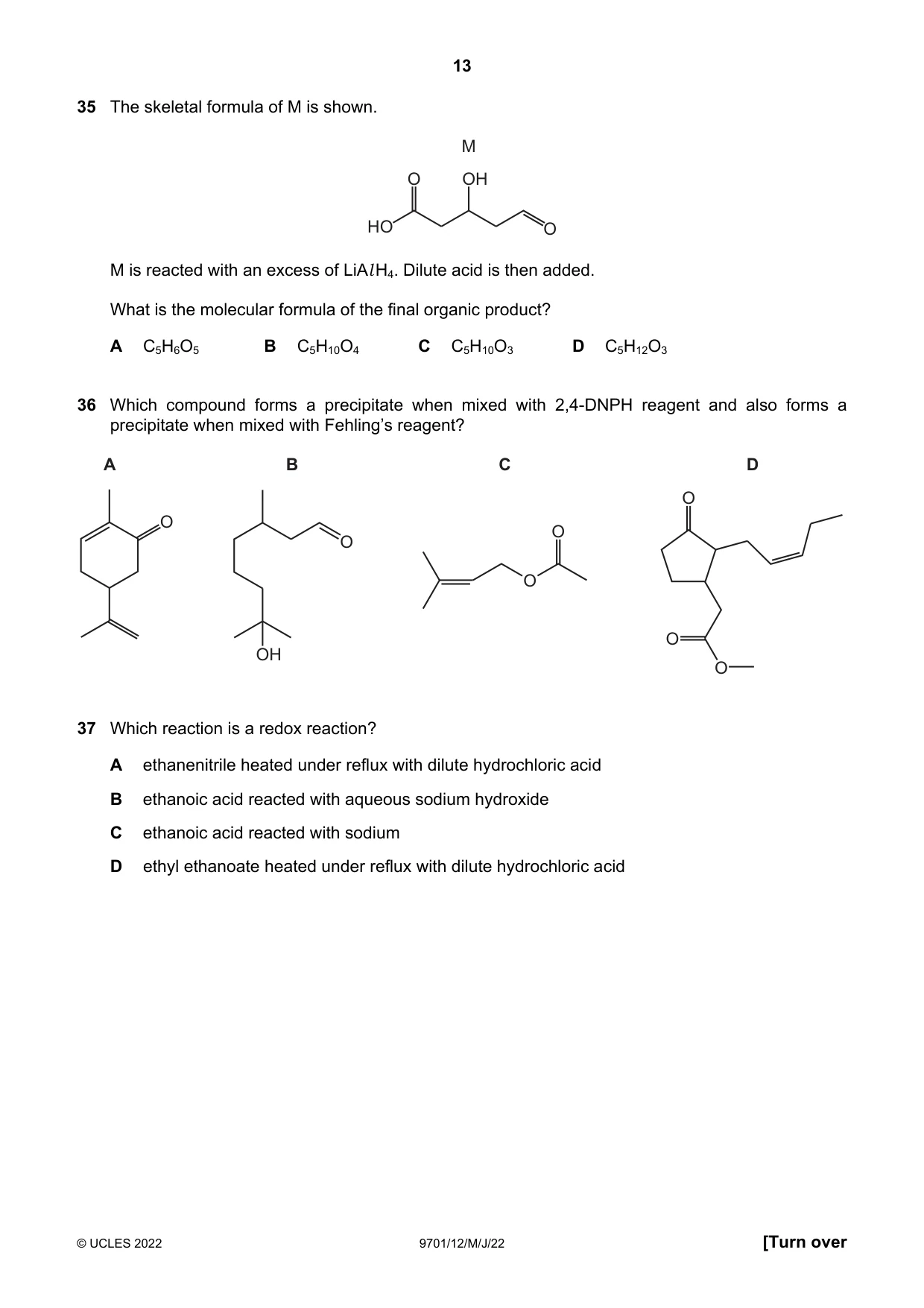 Cambridge A Level Chemistry 9701 2022 May/June Paper 1 · Variant 2 question paper, page 13 of 20