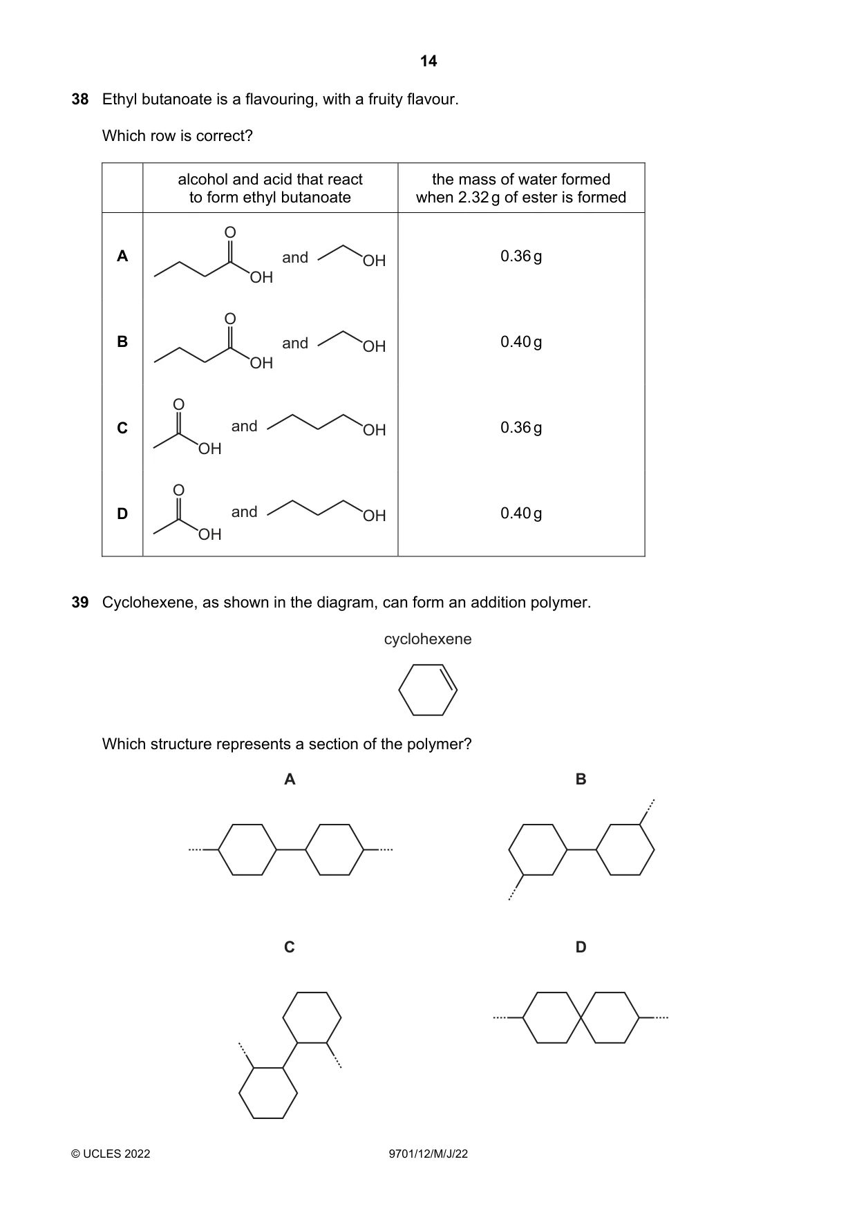 Cambridge A Level Chemistry 9701 2022 May/June Paper 1 · Variant 2 question paper, page 14 of 20