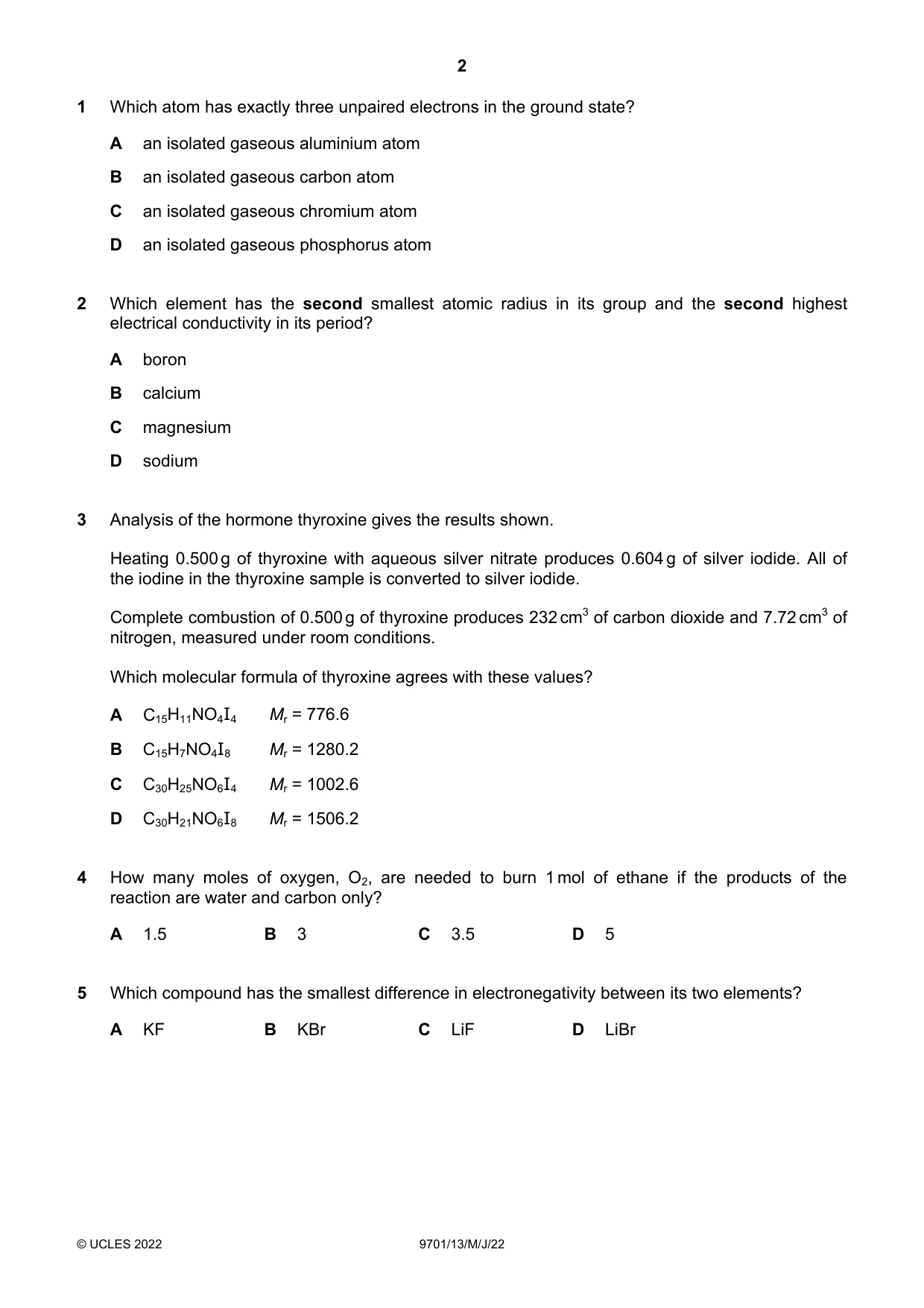 Cambridge A Level Chemistry 9701 2022 May/June Paper 1 · Variant 3 question paper, page 2 of 20