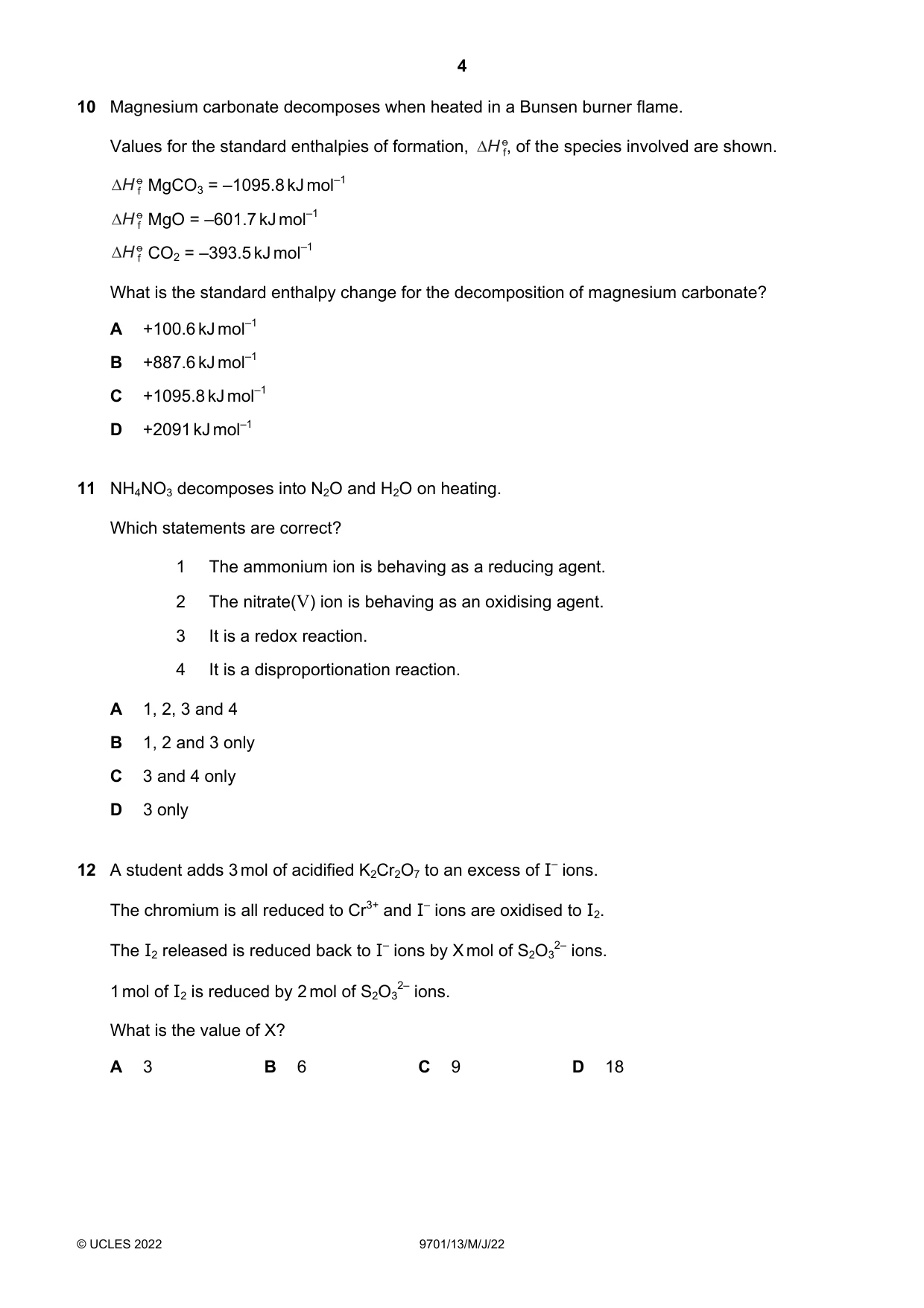 Cambridge A Level Chemistry 9701 2022 May/June Paper 1 · Variant 3 question paper, page 4 of 20