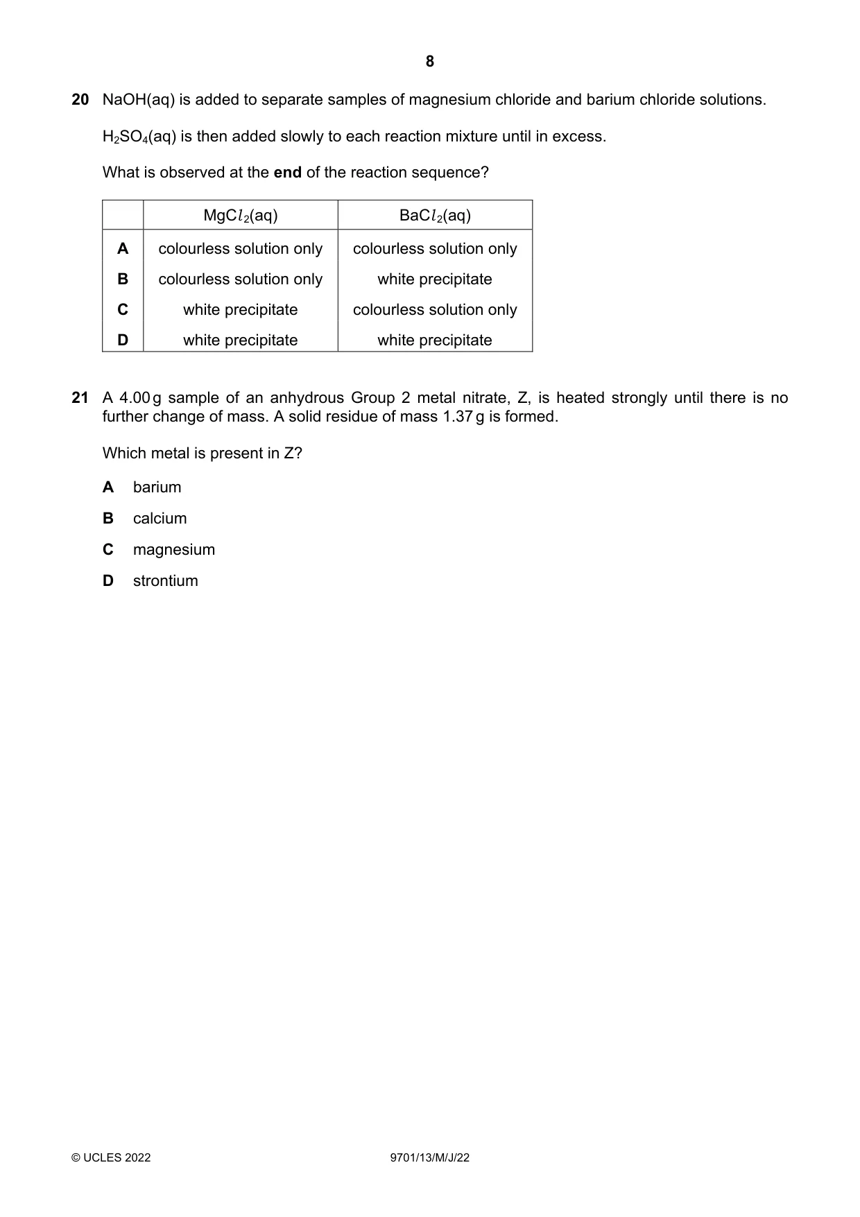 Cambridge A Level Chemistry 9701 2022 May/June Paper 1 · Variant 3 question paper, page 8 of 20