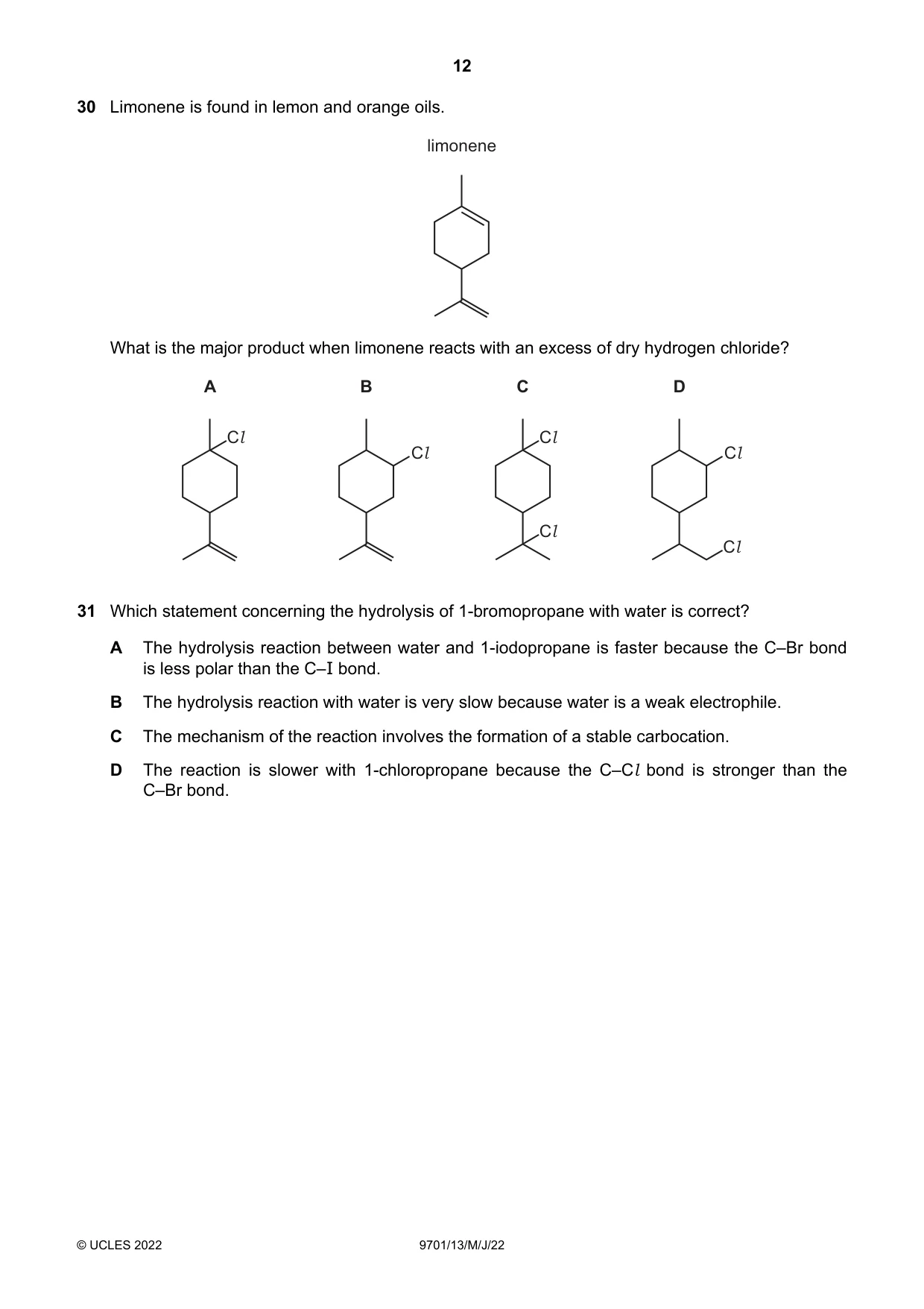 Cambridge A Level Chemistry 9701 2022 May/June Paper 1 · Variant 3 question paper, page 12 of 20