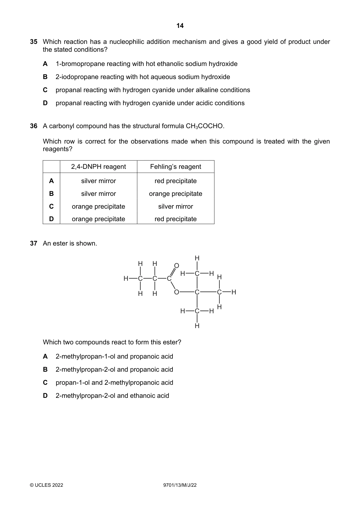 Cambridge A Level Chemistry 9701 2022 May/June Paper 1 · Variant 3 question paper, page 14 of 20
