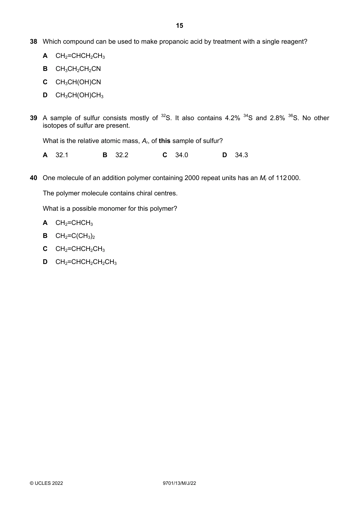 Cambridge A Level Chemistry 9701 2022 May/June Paper 1 · Variant 3 question paper, page 15 of 20