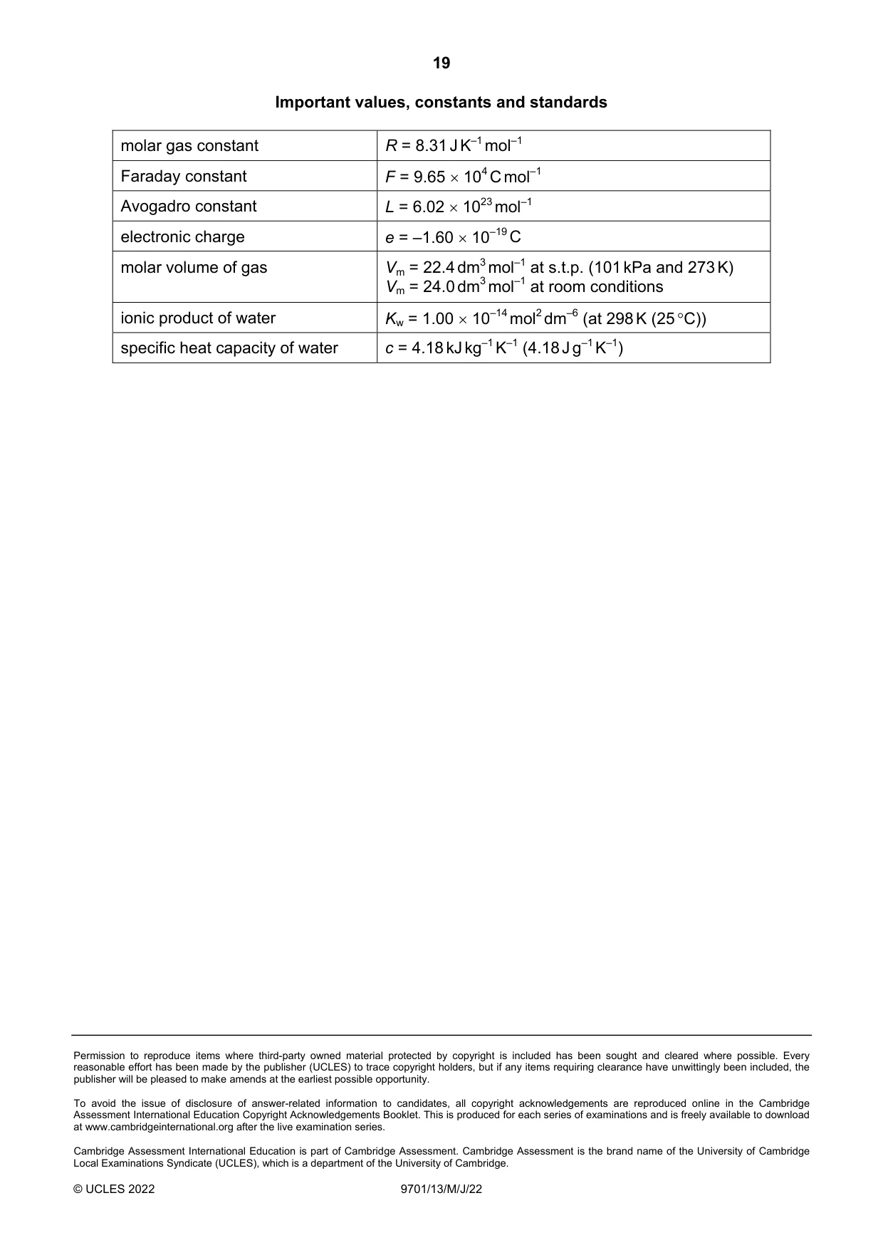 Cambridge A Level Chemistry 9701 2022 May/June Paper 1 · Variant 3 question paper, page 19 of 20
