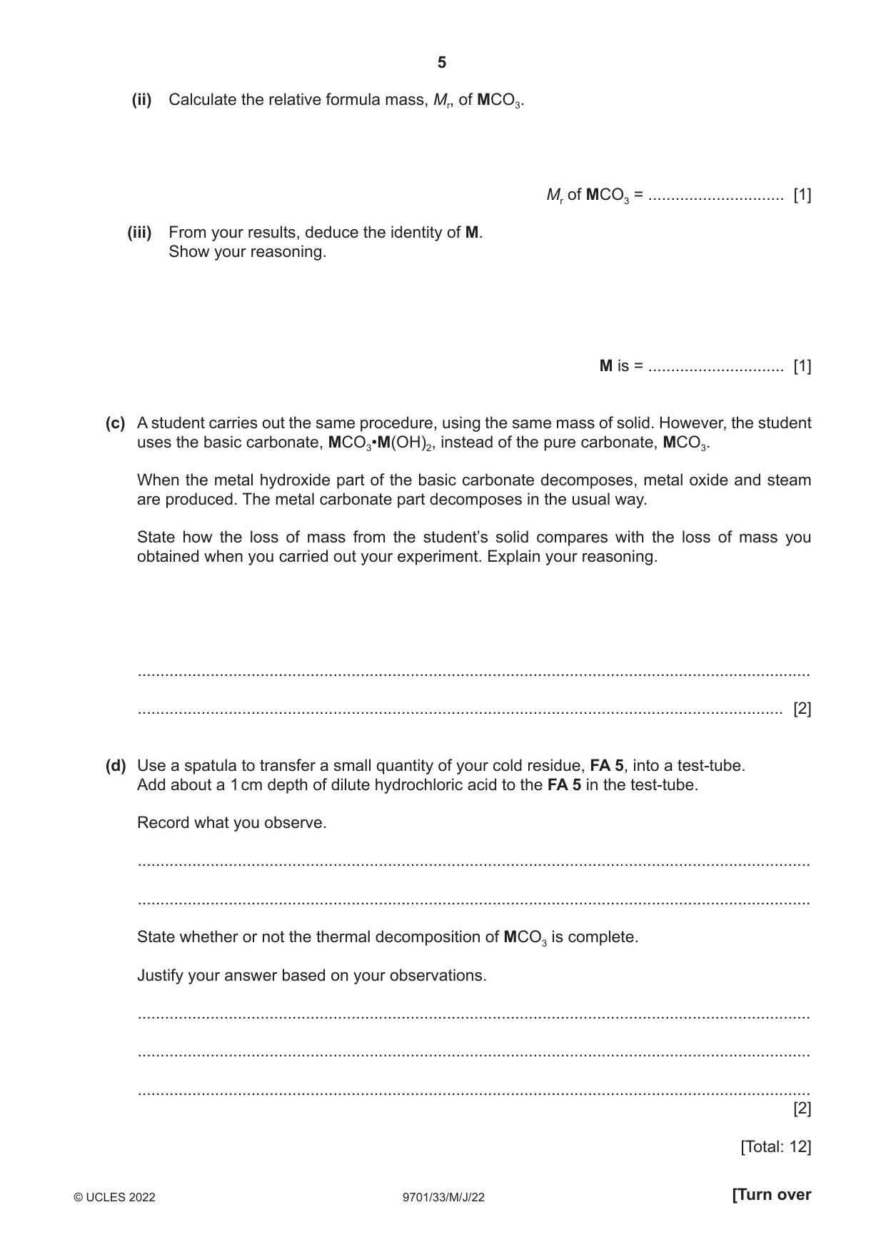 Cambridge A Level Chemistry 9701 2022 May/June Paper 3 · Variant 3 question paper, page 5 of 12