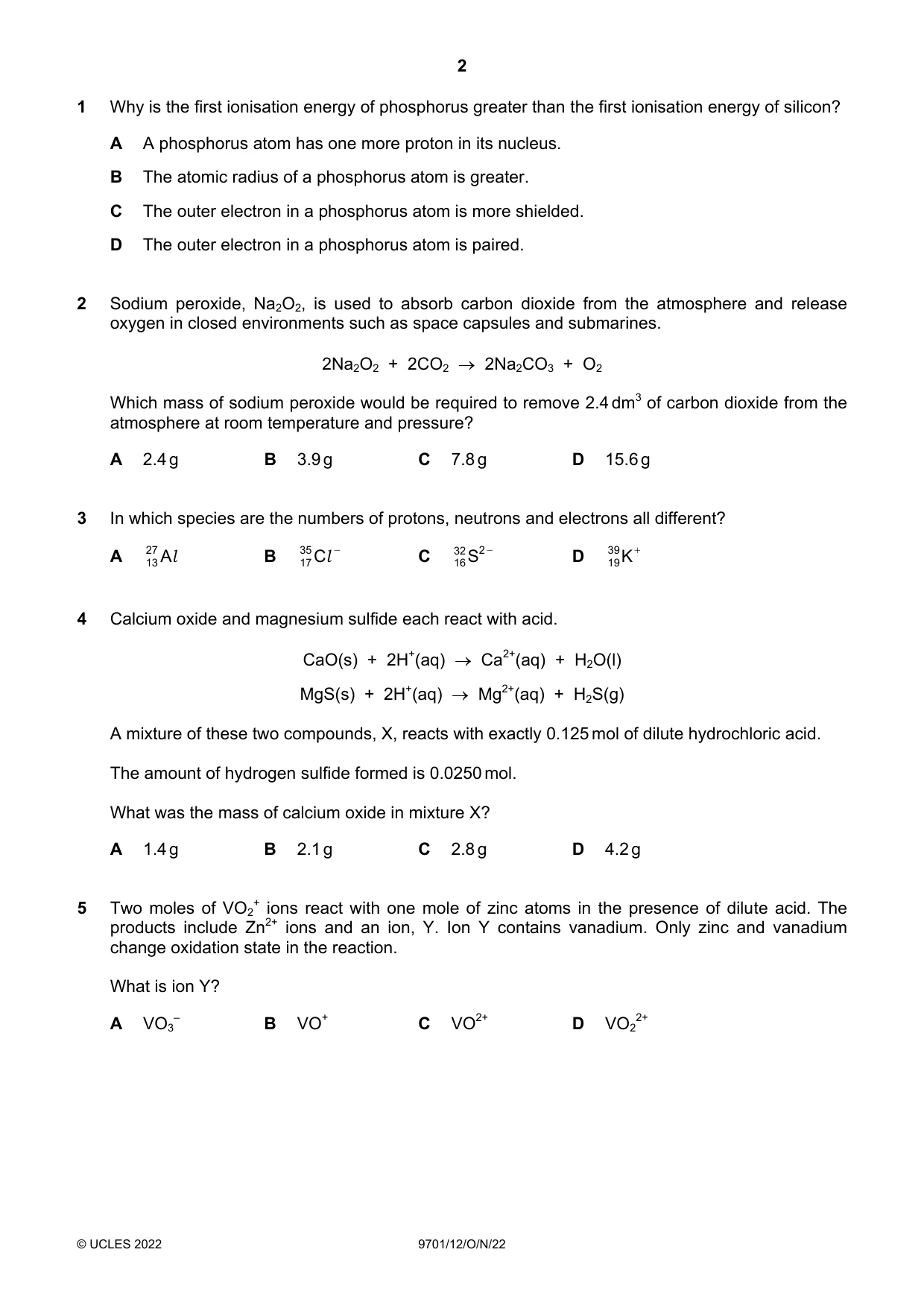 Cambridge A Level Chemistry 9701 2022 Oct/Nov Paper 1 · Variant 2 question paper, page 2 of 20
