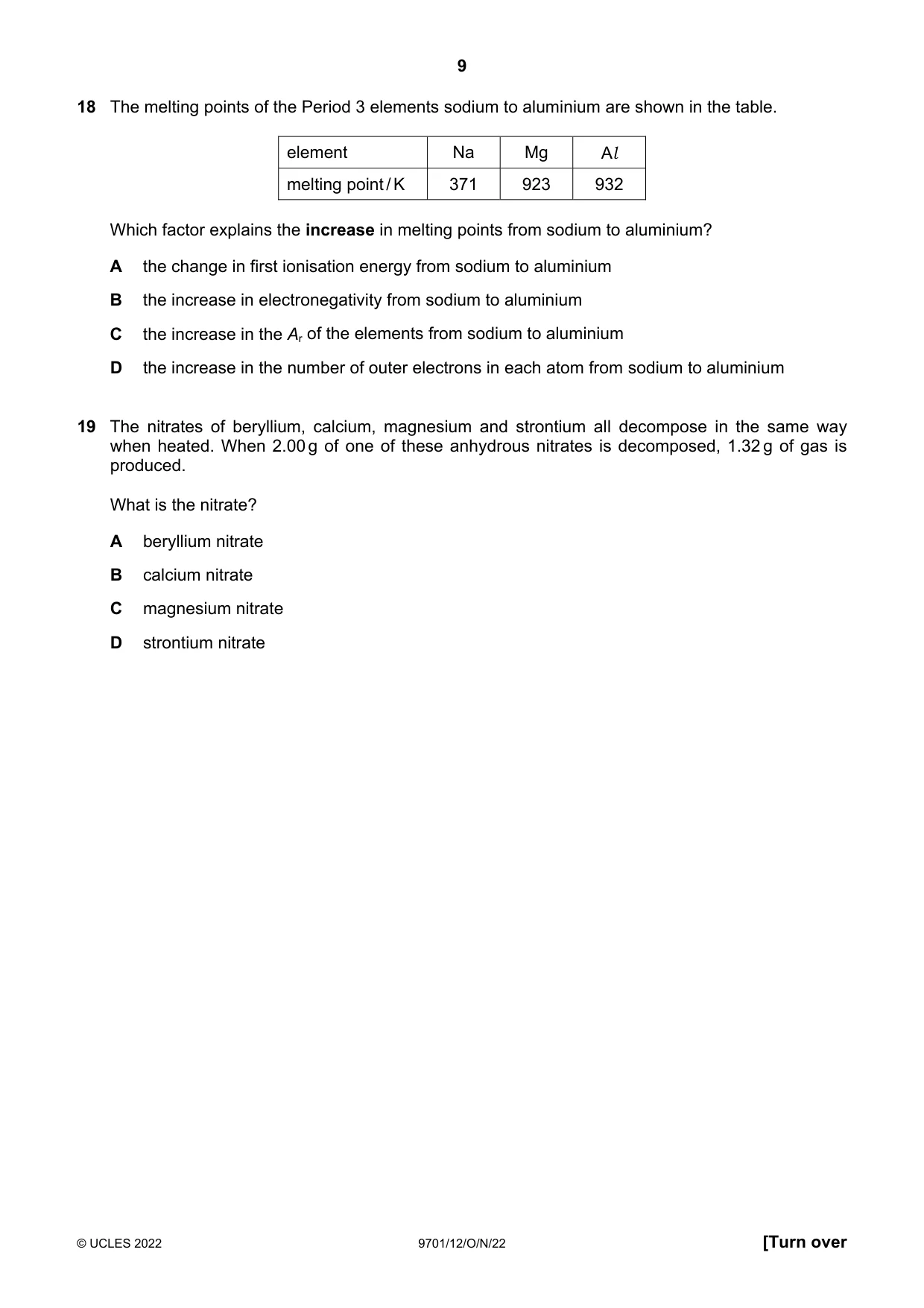 Cambridge A Level Chemistry 9701 2022 Oct/Nov Paper 1 · Variant 2 question paper, page 9 of 20