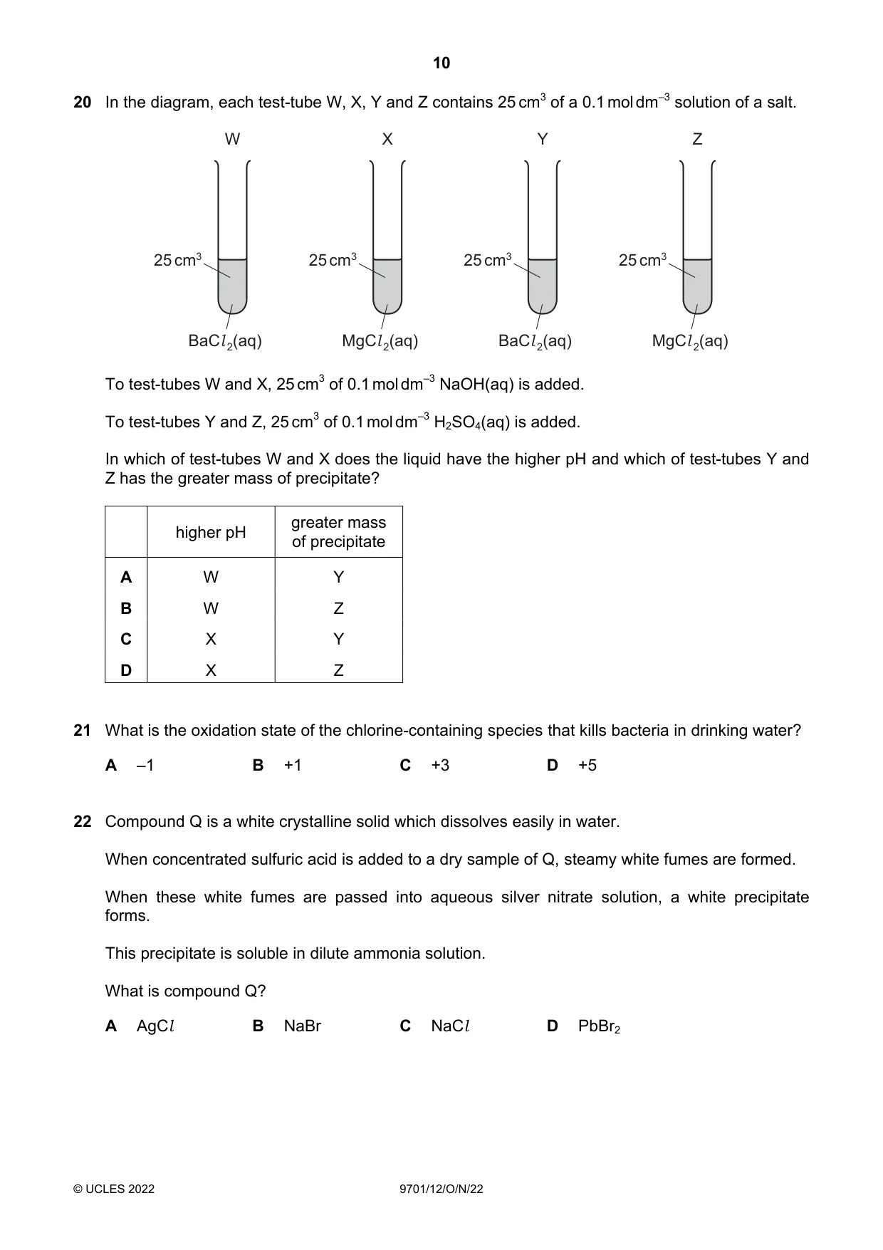 Cambridge A Level Chemistry 9701 2022 Oct/Nov Paper 1 · Variant 2 question paper, page 10 of 20