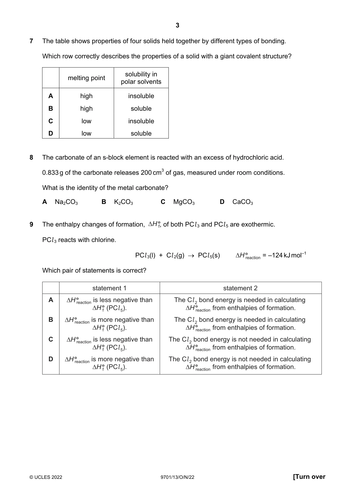 Cambridge A Level Chemistry 9701 2022 Oct/Nov Paper 1 · Variant 3 question paper, page 3 of 16