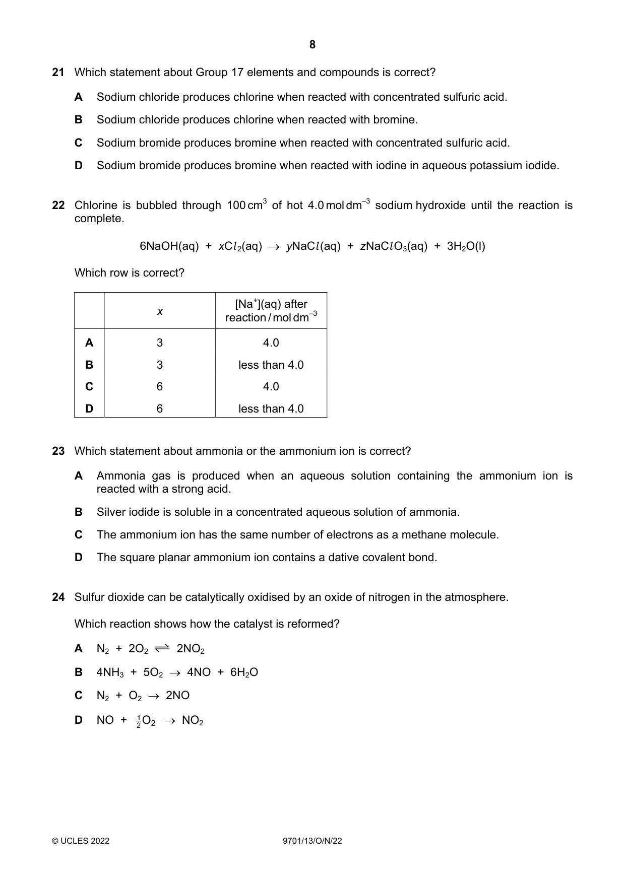 Cambridge A Level Chemistry 9701 2022 Oct/Nov Paper 1 · Variant 3 question paper, page 8 of 16