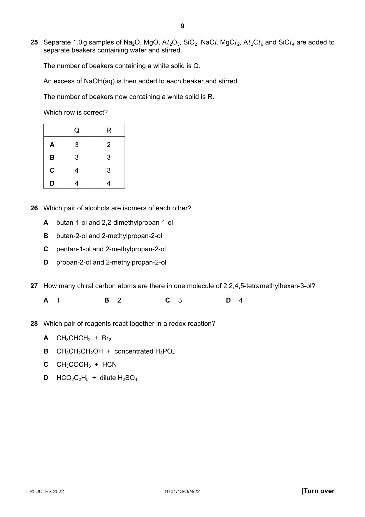 Cambridge A Level Chemistry 9701 2022 Oct/Nov Paper 1 · Variant 3 question paper, page 9 of 16