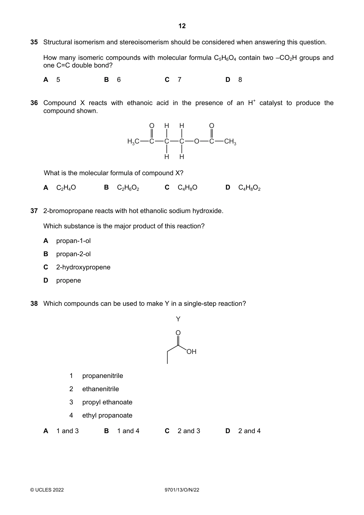 Cambridge A Level Chemistry 9701 2022 Oct/Nov Paper 1 · Variant 3 question paper, page 12 of 16