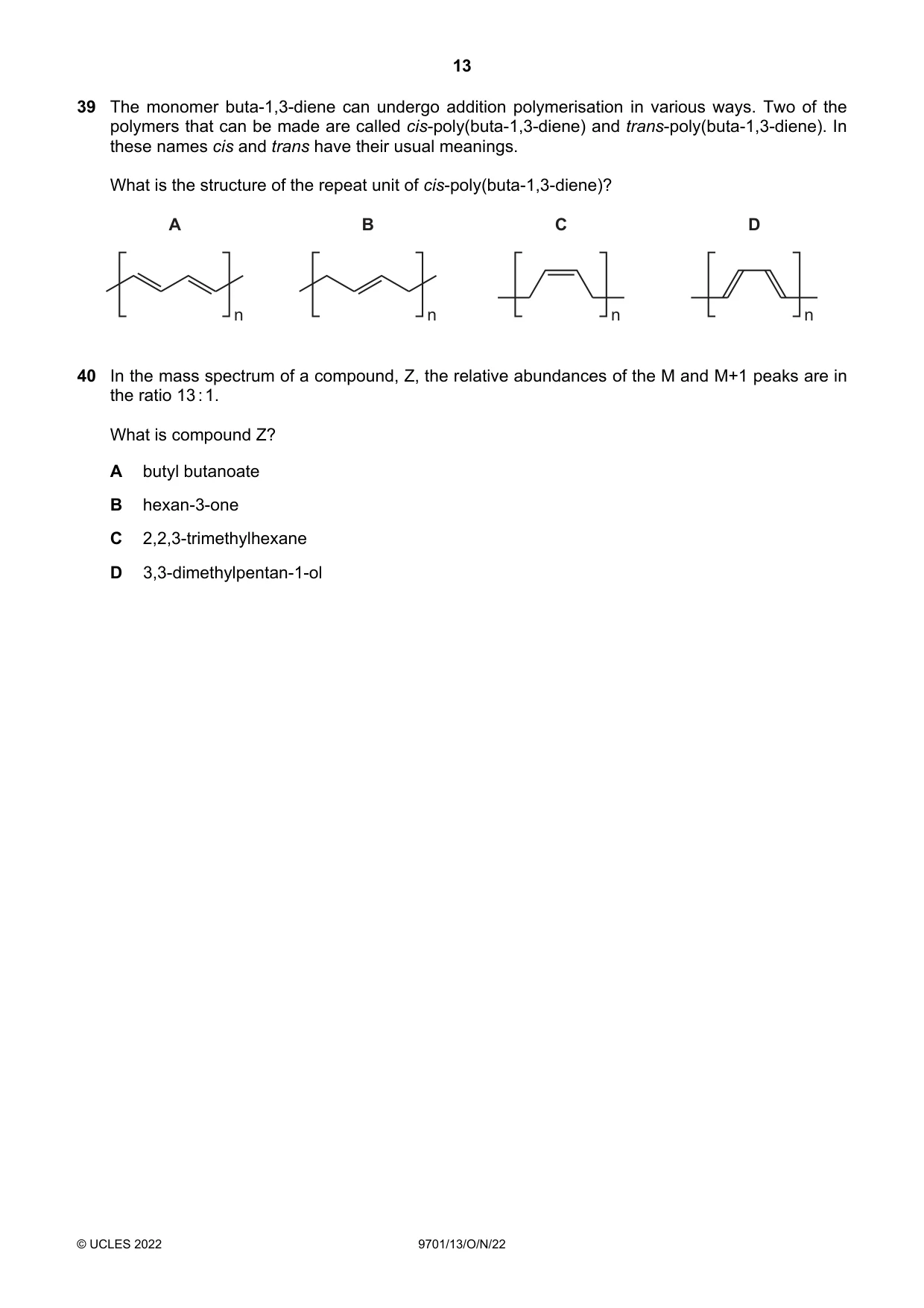 Cambridge A Level Chemistry 9701 2022 Oct/Nov Paper 1 · Variant 3 question paper, page 13 of 16