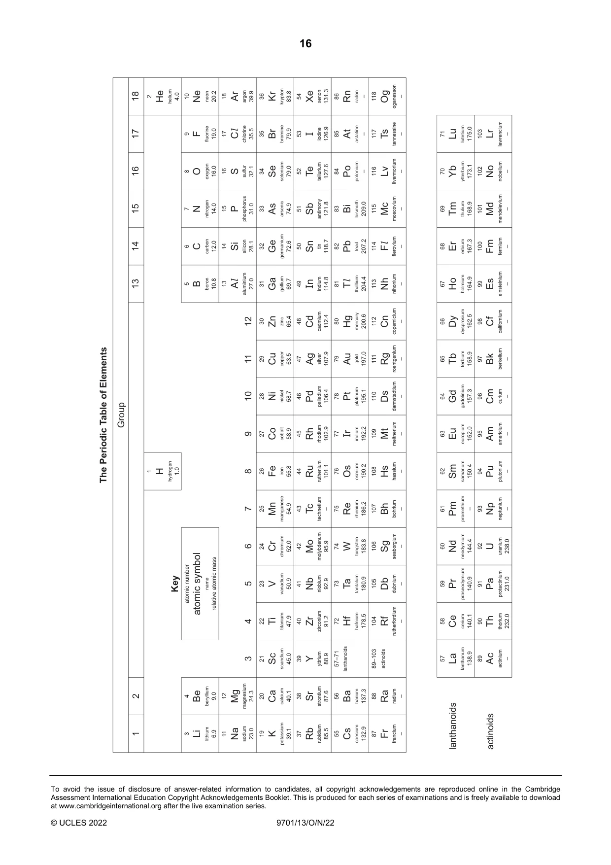 Cambridge A Level Chemistry 9701 2022 Oct/Nov Paper 1 · Variant 3 question paper, page 16 of 16