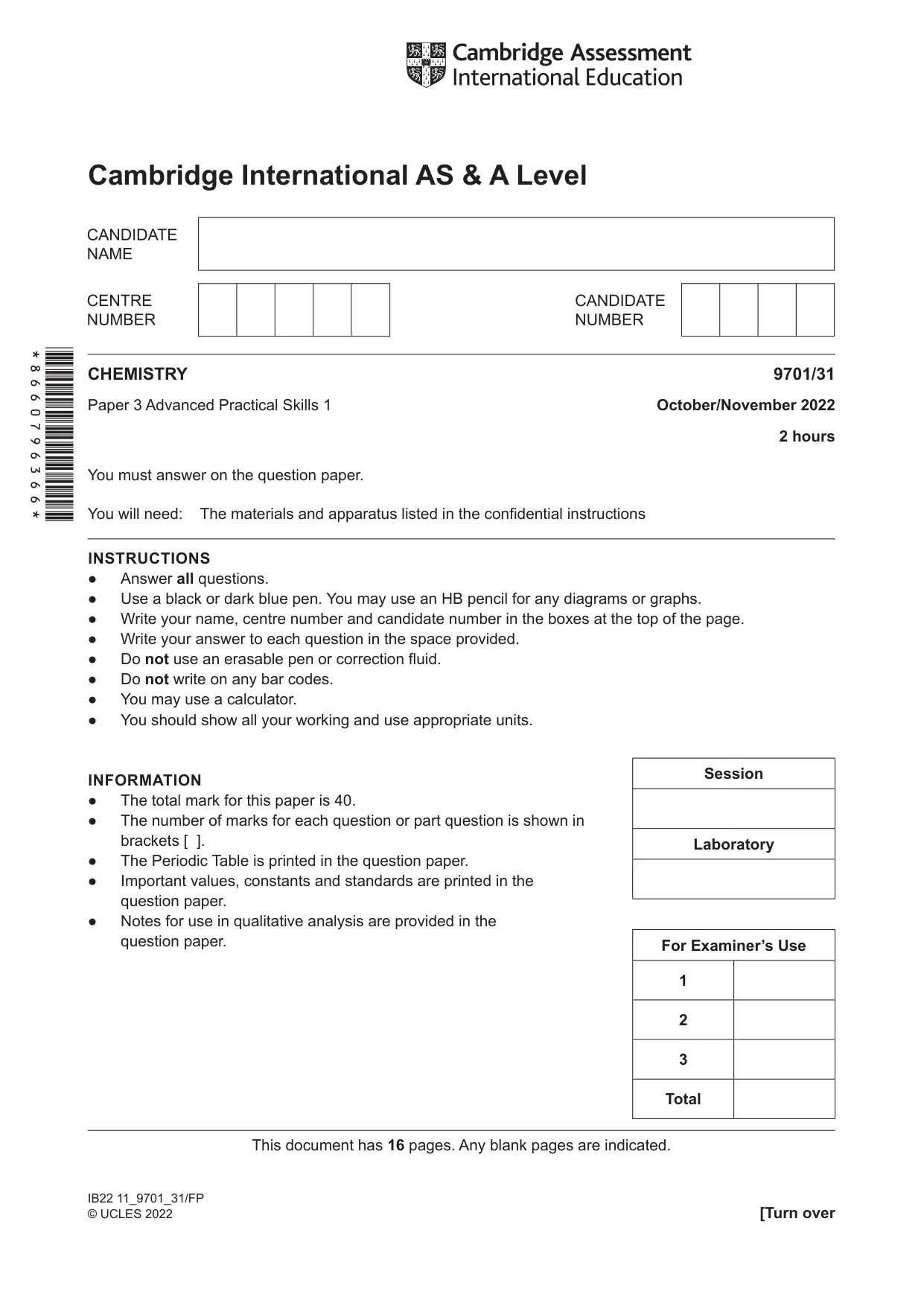 Cambridge A Level Chemistry 9701 2022 Oct/Nov Paper 3 · Variant 1 question paper, page 1 of 16