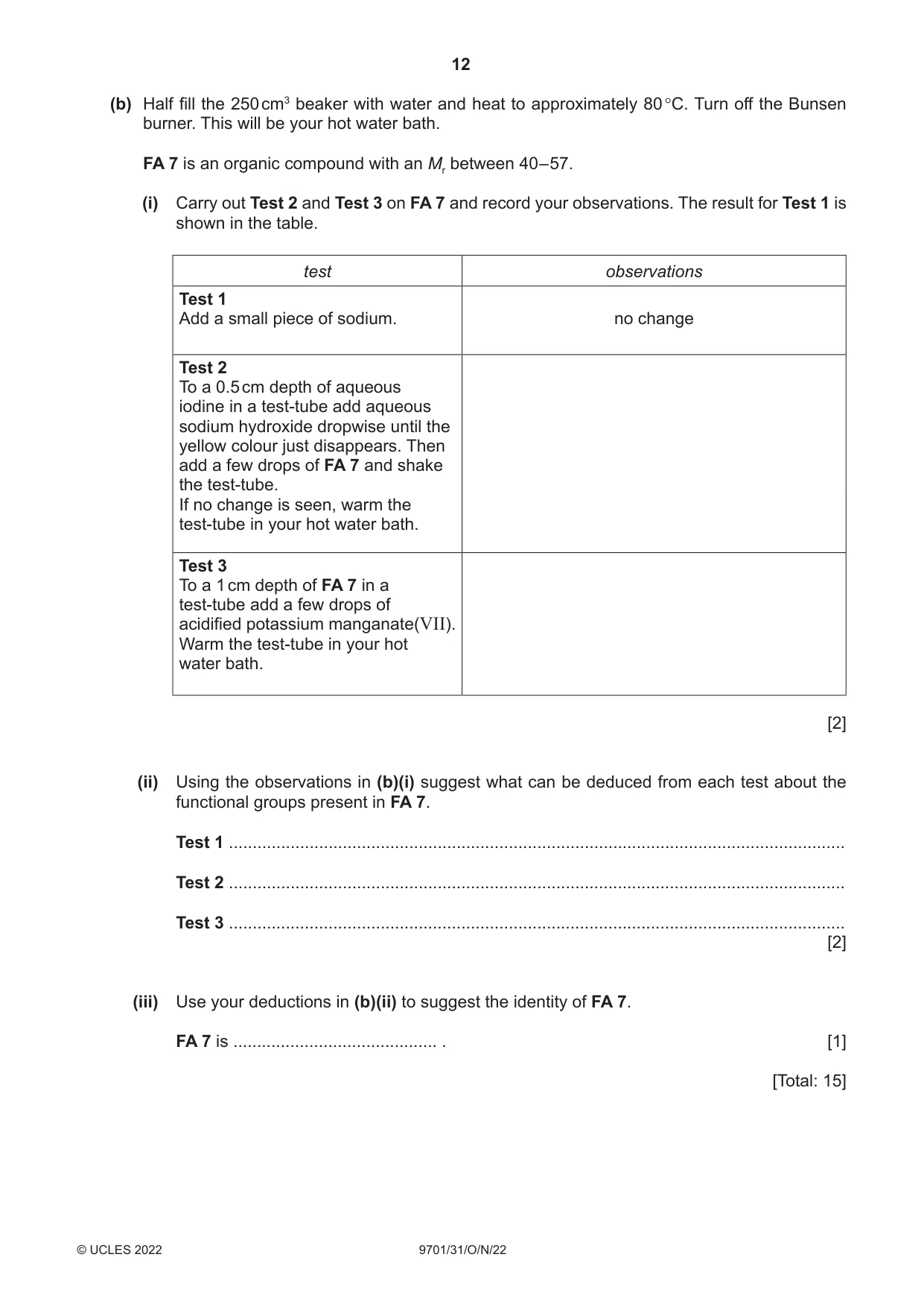 Cambridge A Level Chemistry 9701 2022 Oct/Nov Paper 3 · Variant 1 question paper, page 12 of 16