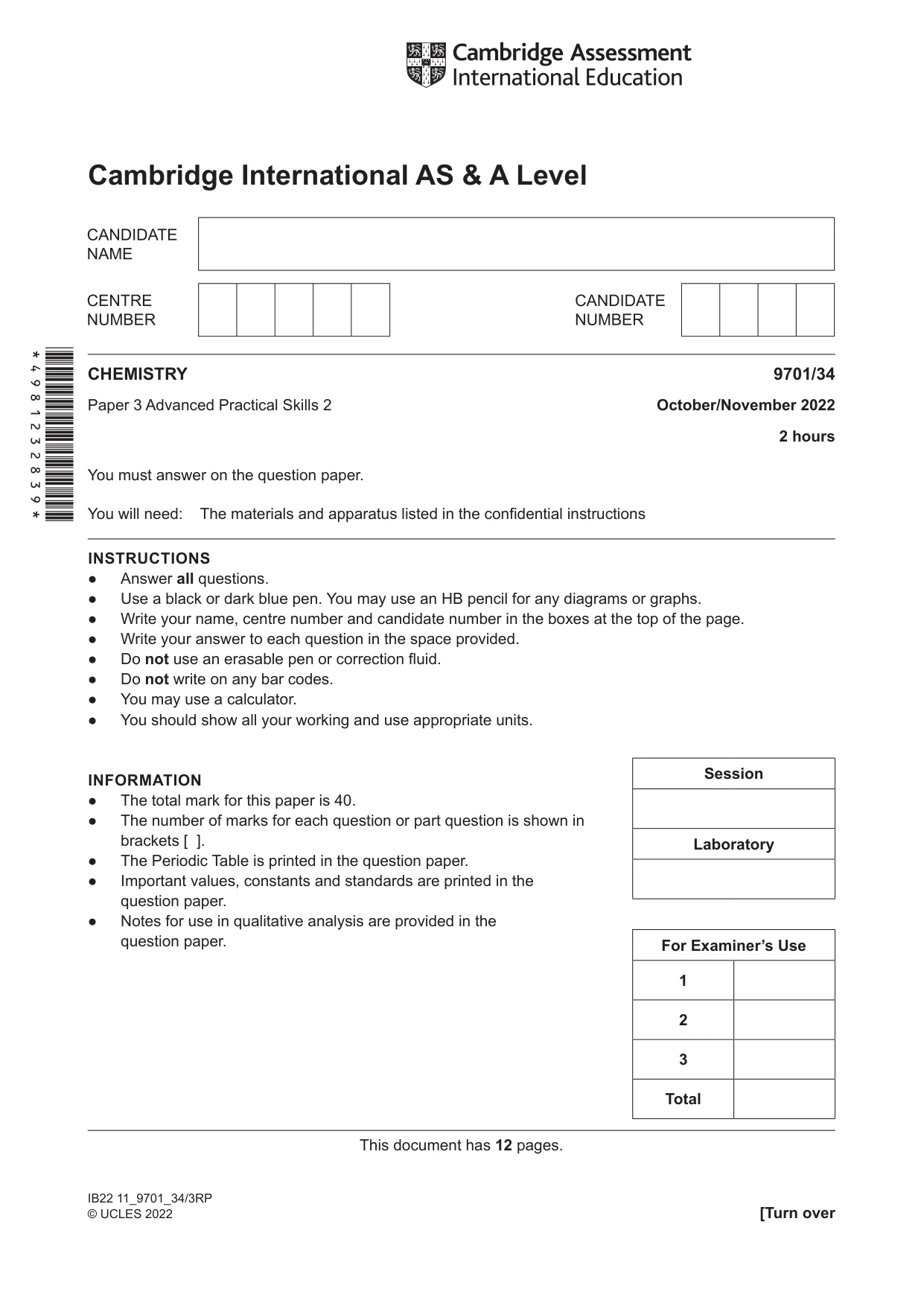 Cambridge A Level Chemistry 9701 2022 Oct/Nov Paper 3 · Variant 4 question paper, page 1 of 12