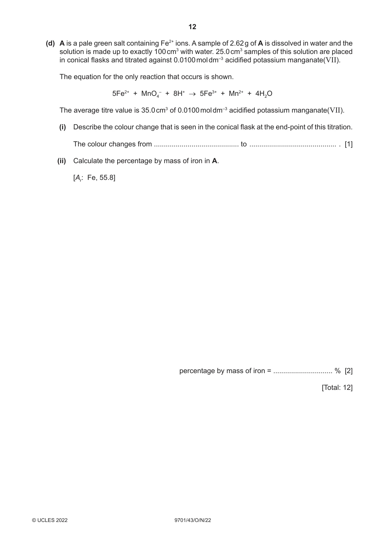 Cambridge A Level Chemistry 9701 2022 Oct/Nov Paper 4 · Variant 3 question paper, page 12 of 28