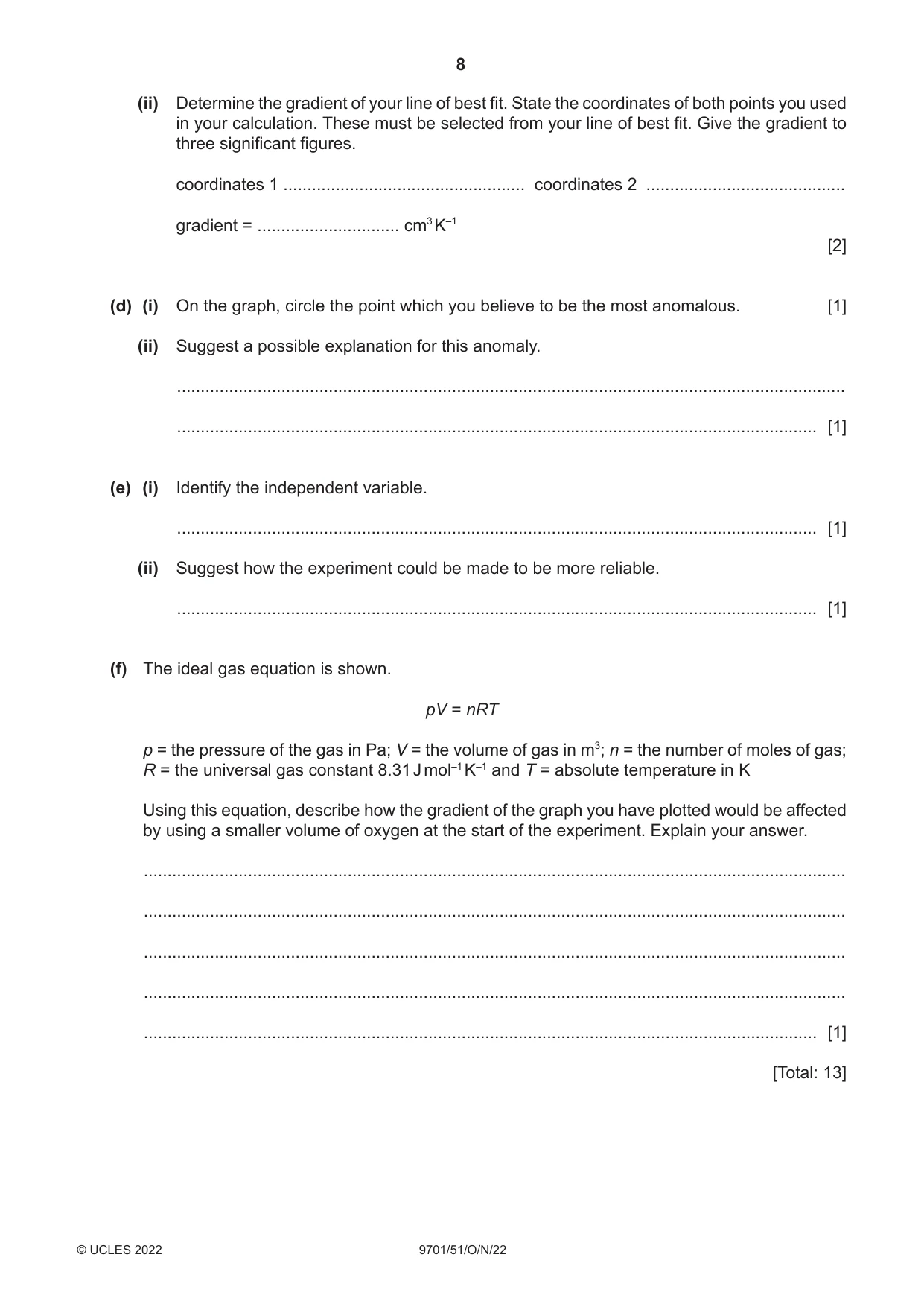 Cambridge A Level Chemistry 9701 2022 Oct/Nov Paper 5 · Variant 1 question paper, page 8 of 12