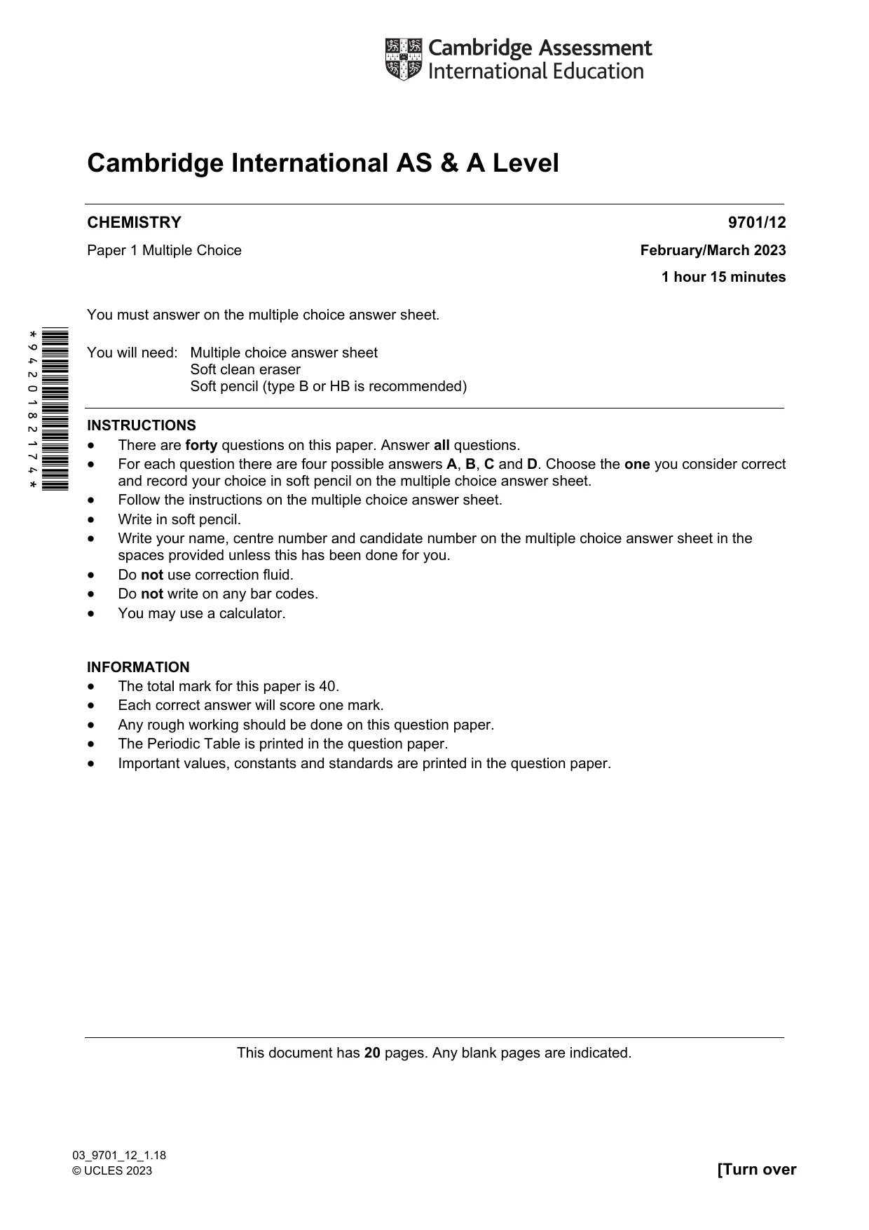 Cambridge A Level Chemistry 9701 2023 Feb/March Paper 1 · Variant 2 question paper, page 1 of 20