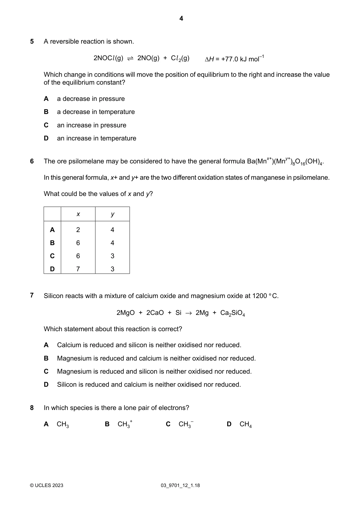 Cambridge A Level Chemistry 9701 2023 Feb/March Paper 1 · Variant 2 question paper, page 4 of 20