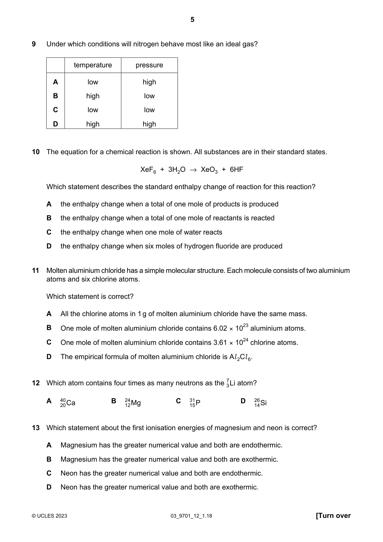 Cambridge A Level Chemistry 9701 2023 Feb/March Paper 1 · Variant 2 question paper, page 5 of 20