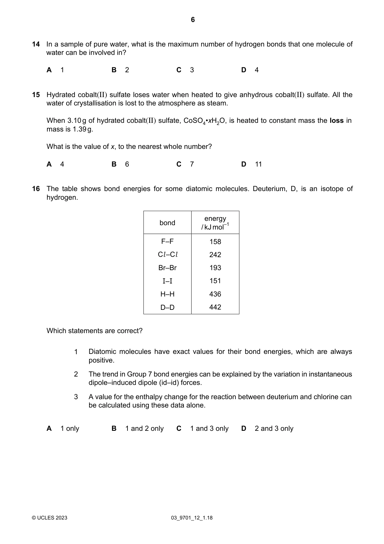 Cambridge A Level Chemistry 9701 2023 Feb/March Paper 1 · Variant 2 question paper, page 6 of 20