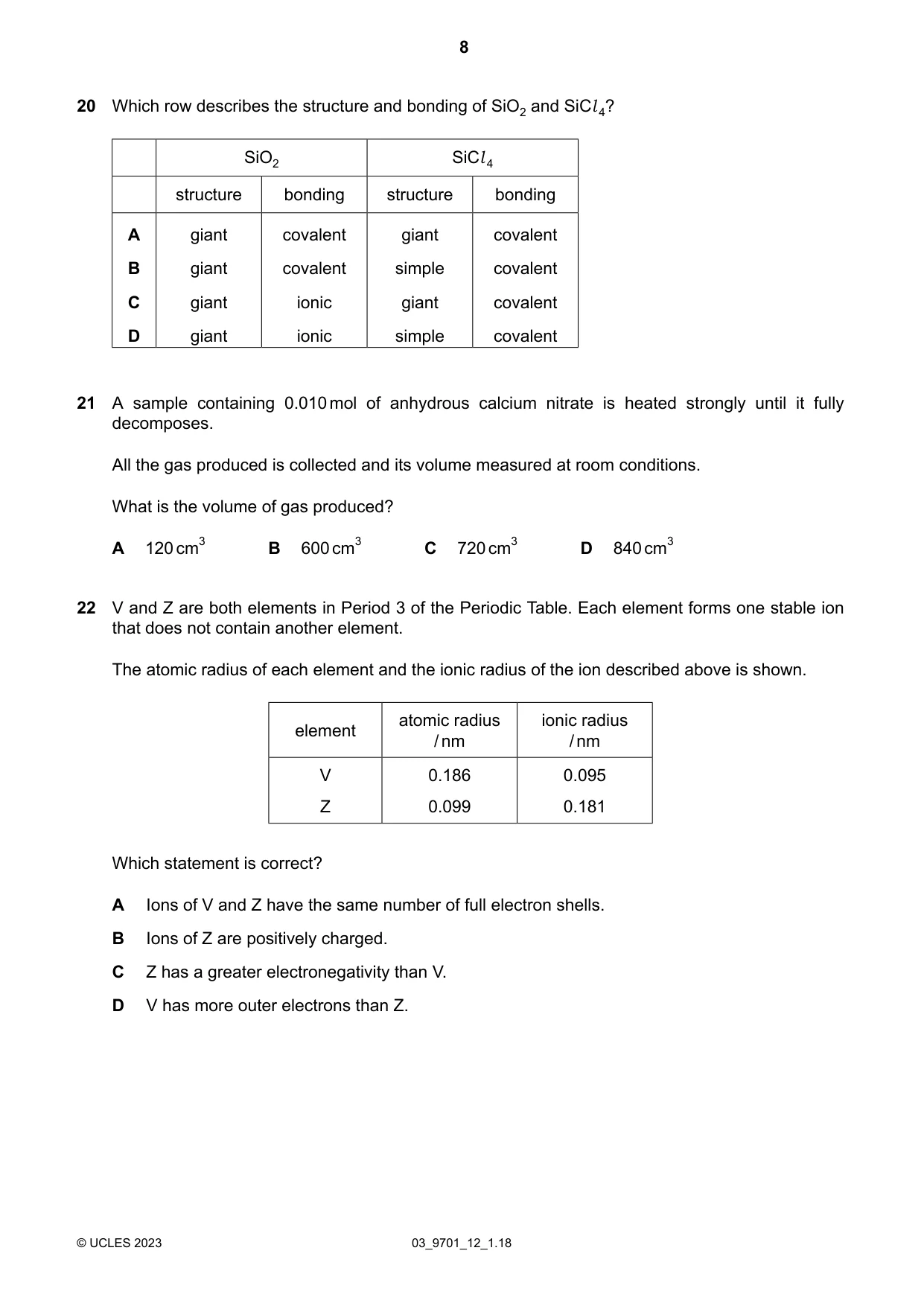 Cambridge A Level Chemistry 9701 2023 Feb/March Paper 1 · Variant 2 question paper, page 8 of 20