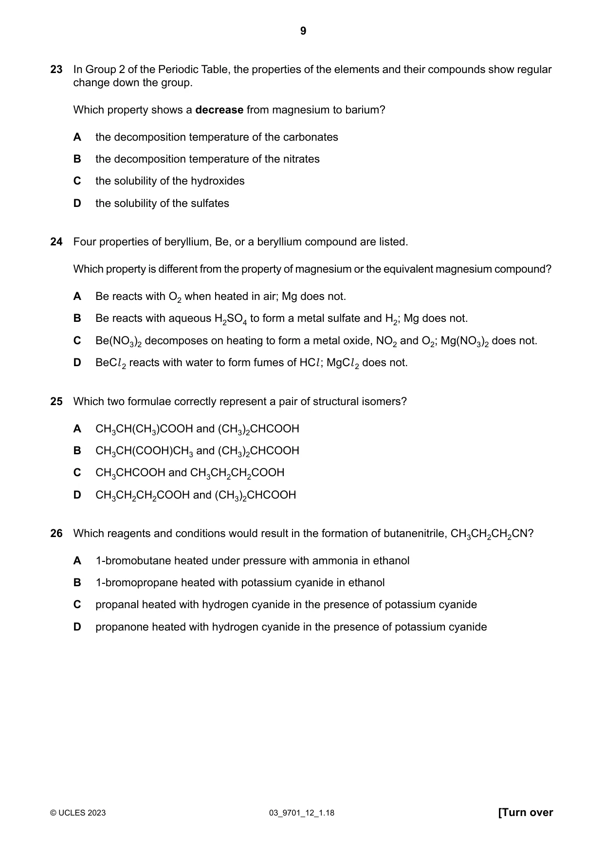Cambridge A Level Chemistry 9701 2023 Feb/March Paper 1 · Variant 2 question paper, page 9 of 20