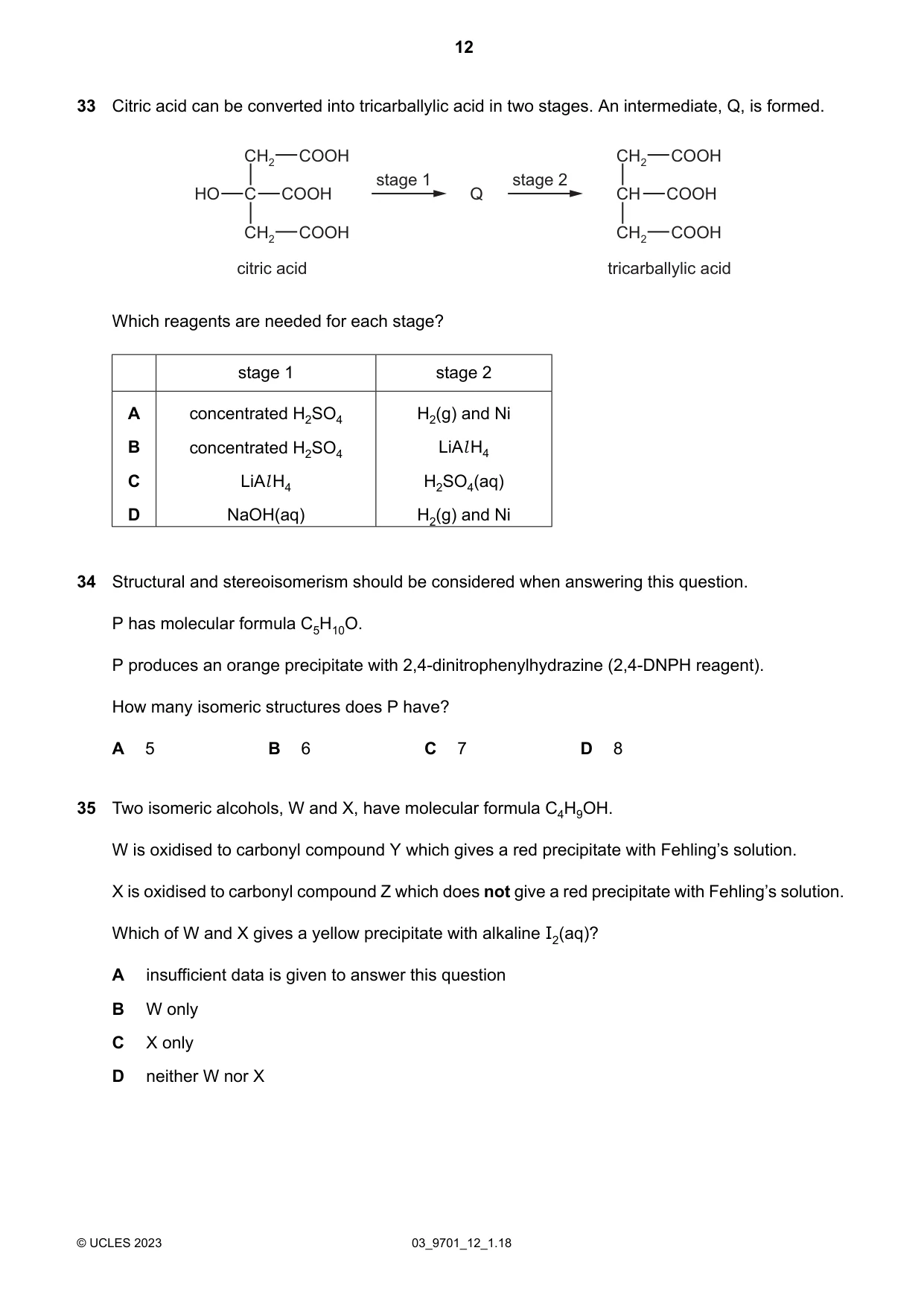 Cambridge A Level Chemistry 9701 2023 Feb/March Paper 1 · Variant 2 question paper, page 12 of 20