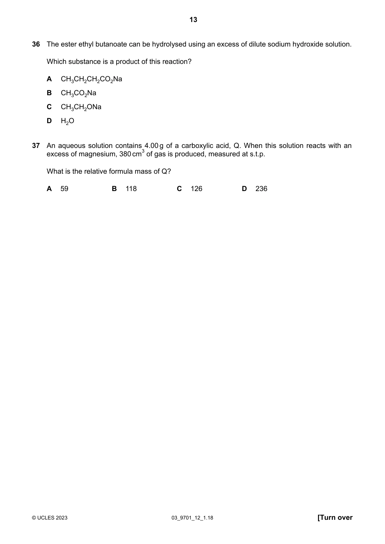 Cambridge A Level Chemistry 9701 2023 Feb/March Paper 1 · Variant 2 question paper, page 13 of 20