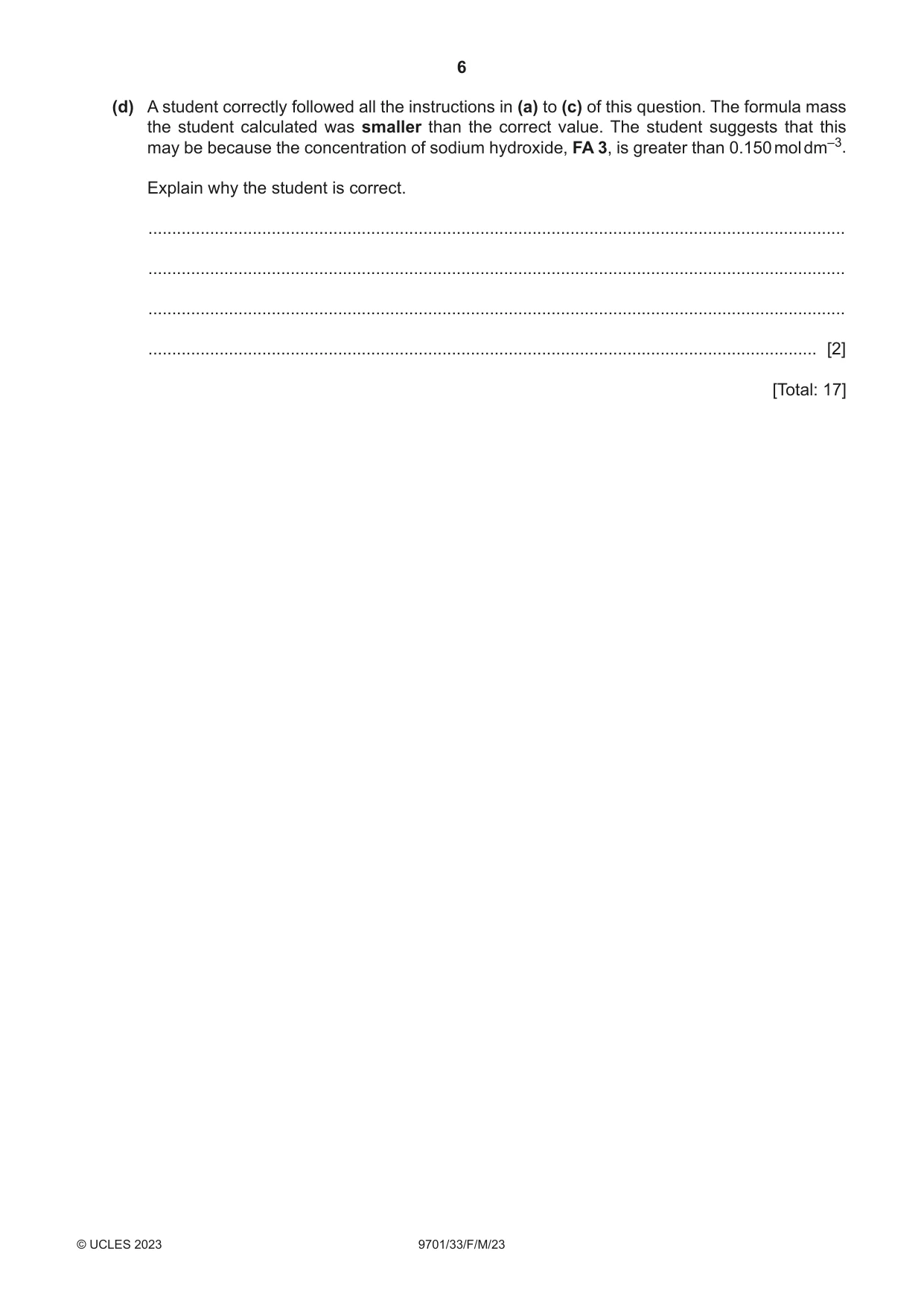 Cambridge A Level Chemistry 9701 2023 Feb/March Paper 3 · Variant 3 question paper, page 6 of 12